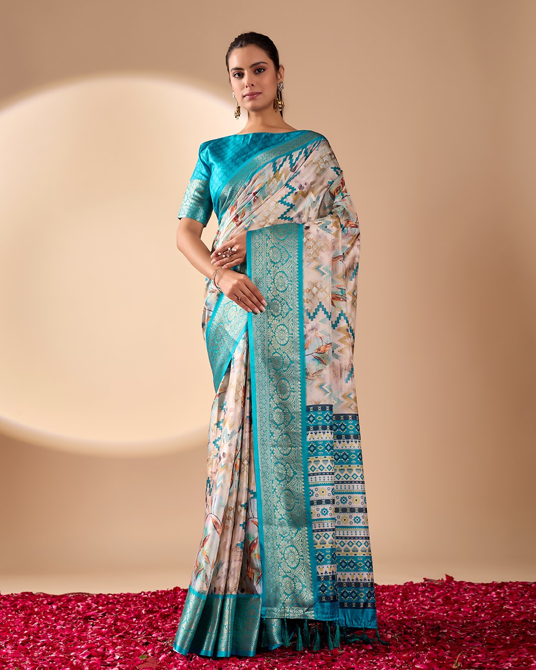 Elegant Aqua & Beige Lichi Silk Saree with Modern Print and Rich Zari Border