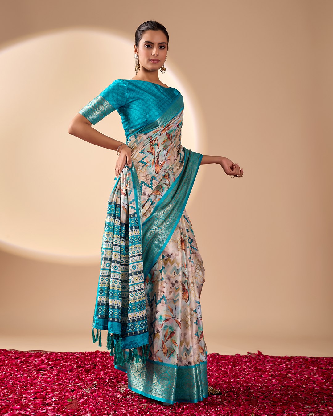 Elegant Aqua & Beige Lichi Silk Saree with Modern Print and Rich Zari Border