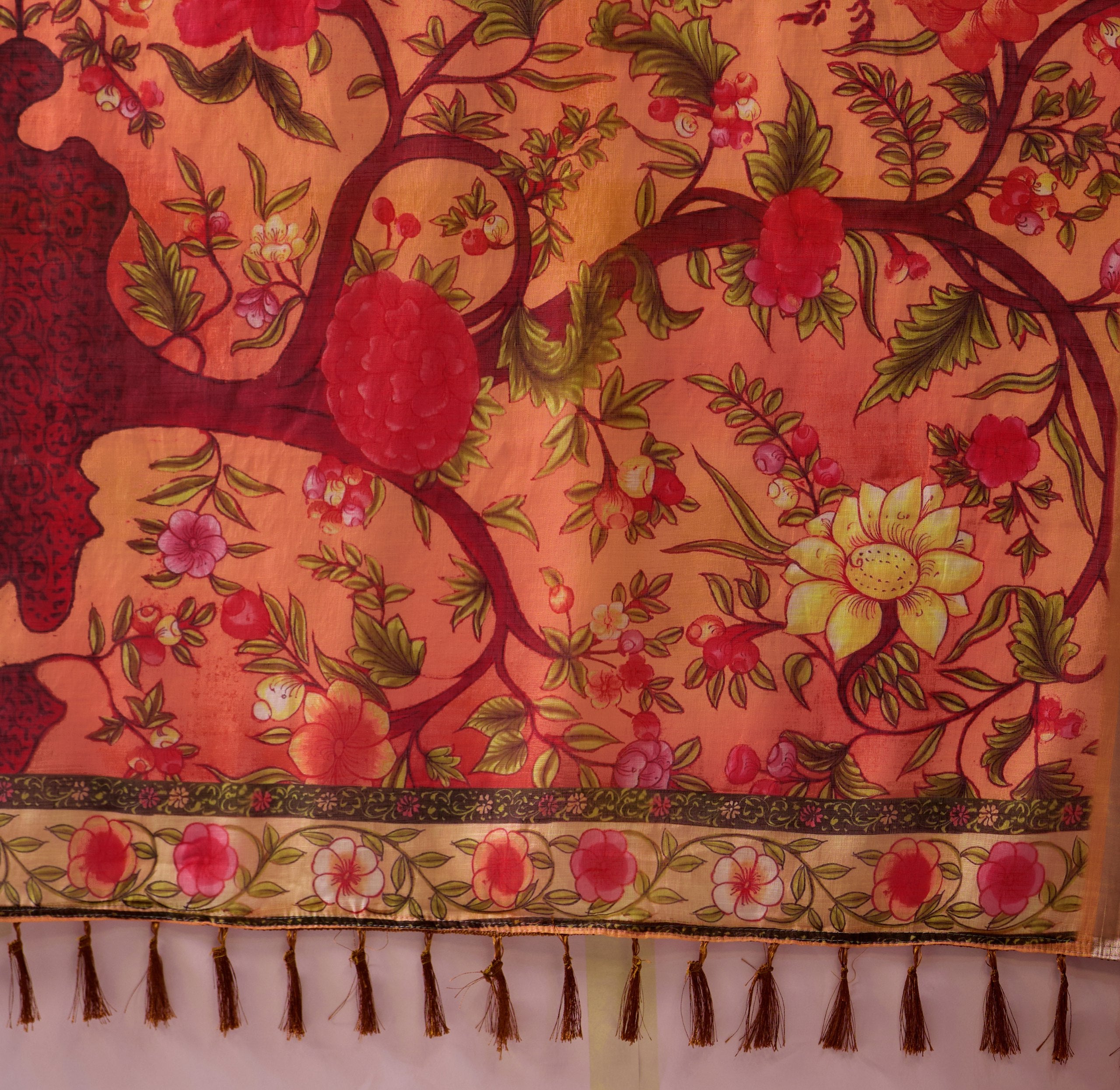 Grand Festive Saree: Red & Multi-Color Folk Art Print in Premium Linen