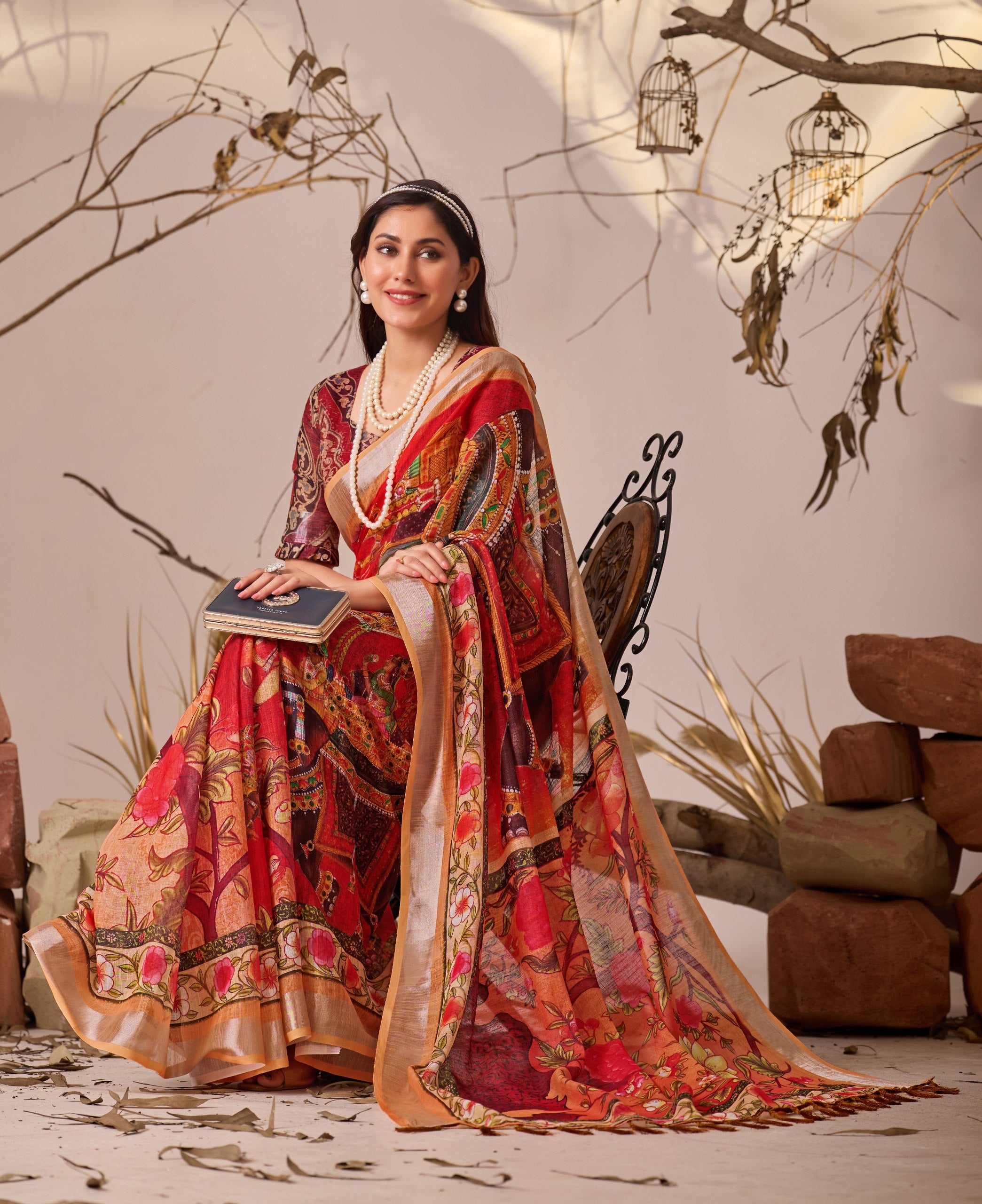 Grand Festive Saree: Red & Multi-Color Folk Art Print in Premium Linen