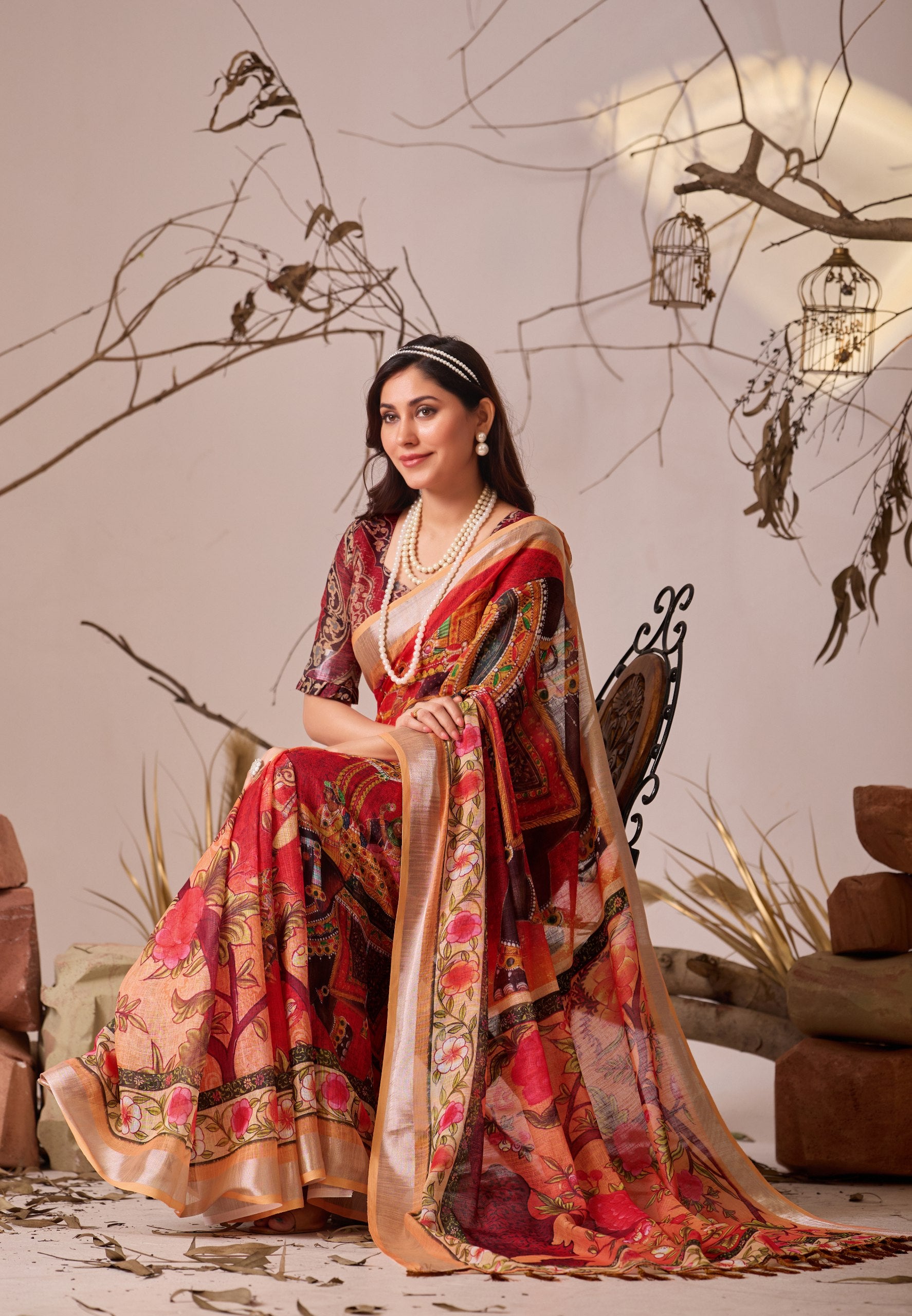 Grand Festive Saree: Red & Multi-Color Folk Art Print in Premium Linen