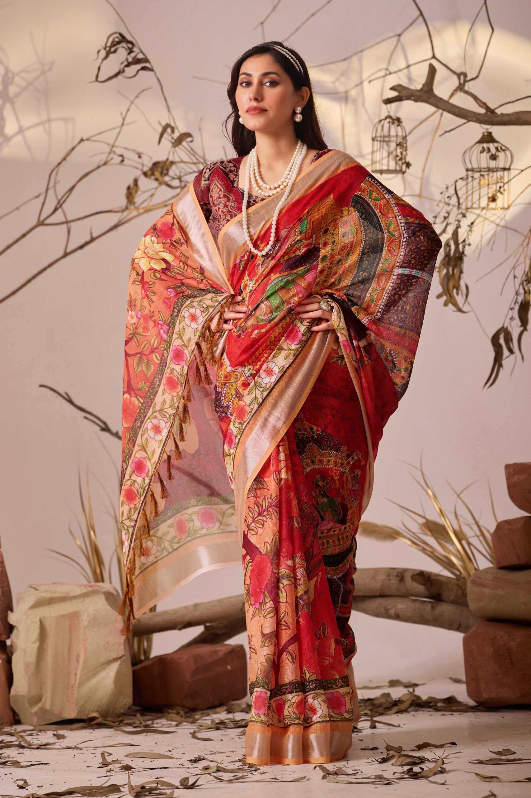 Grand Festive Saree: Red & Multi-Color Folk Art Print in Premium Linen