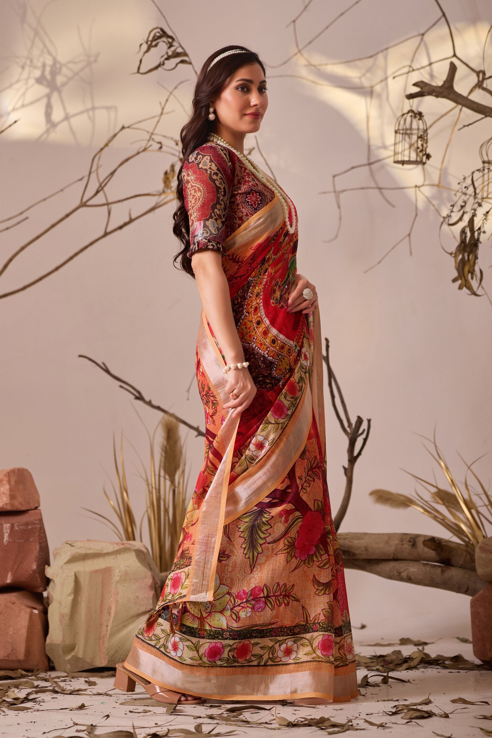 Grand Festive Saree: Red & Multi-Color Folk Art Print in Premium Linen