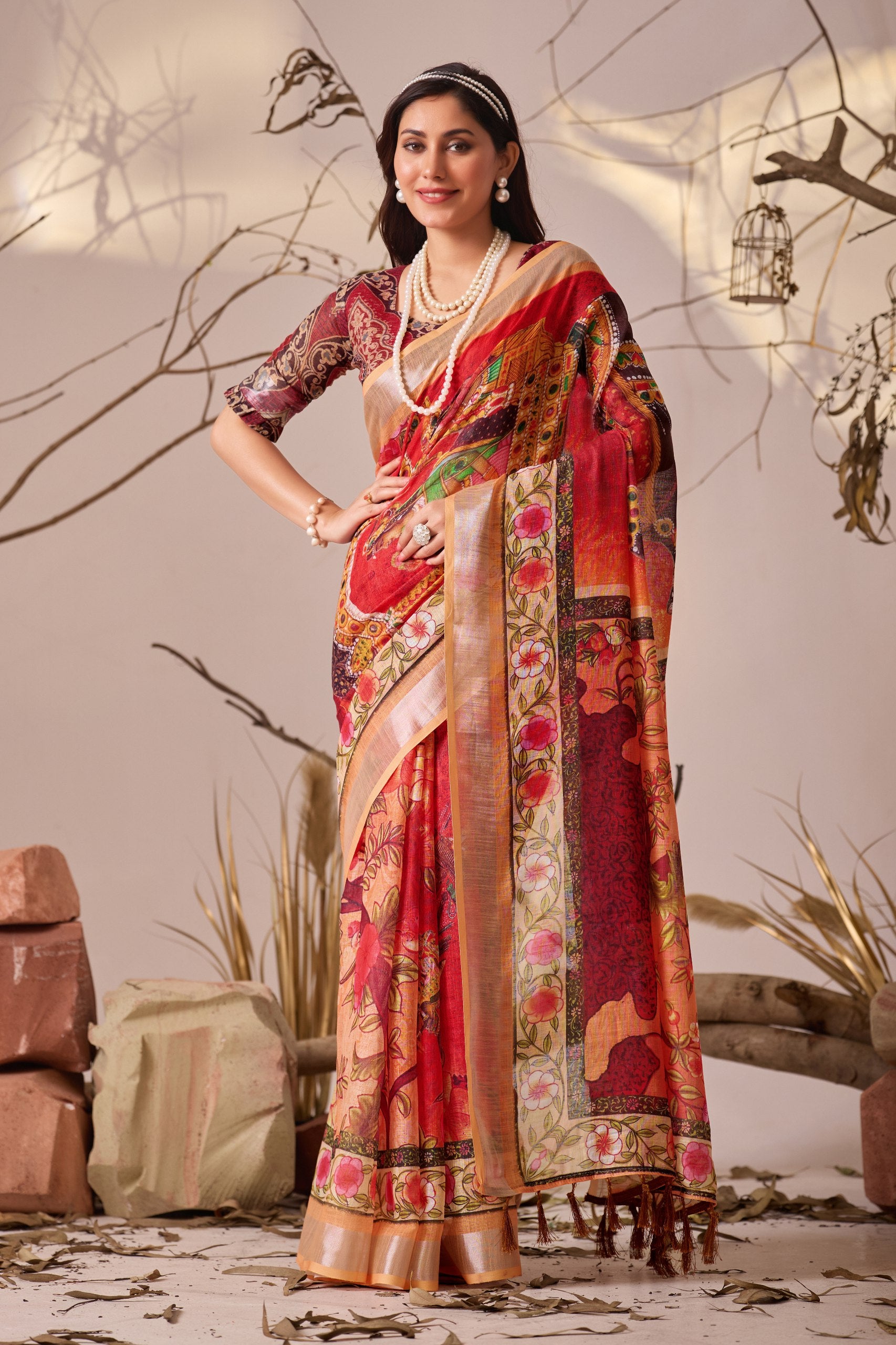 Grand Festive Saree: Red & Multi-Color Folk Art Print in Premium Linen