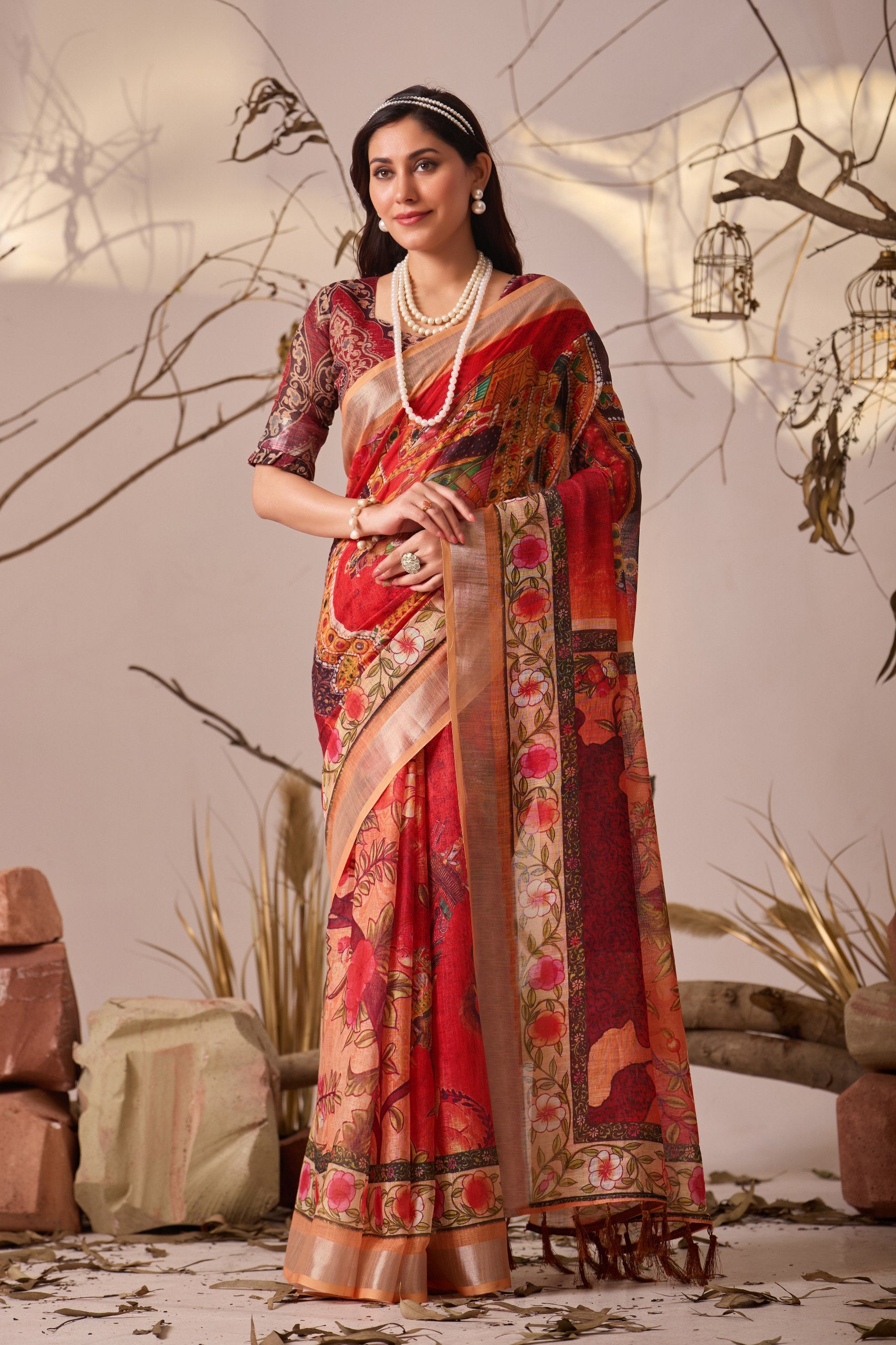 Grand Festive Saree: Red & Multi-Color Folk Art Print in Premium Linen