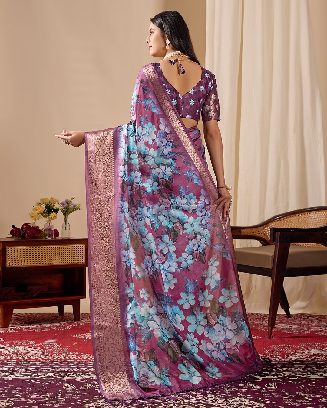 Grand Festive Saree: Lichi Silk with Vibrant Blue Floral Print and Rich Weave