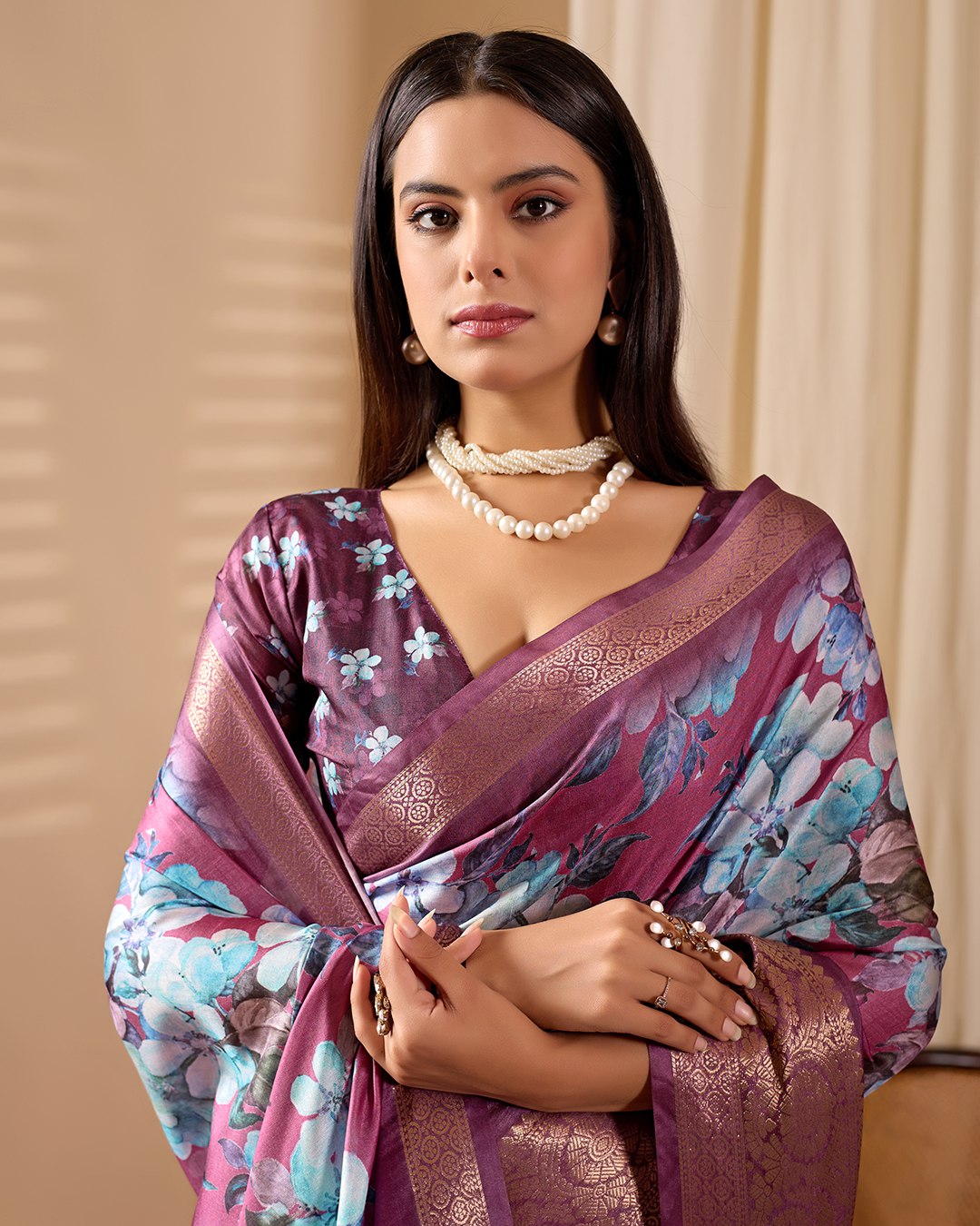 Grand Festive Saree: Lichi Silk with Vibrant Blue Floral Print and Rich Weave