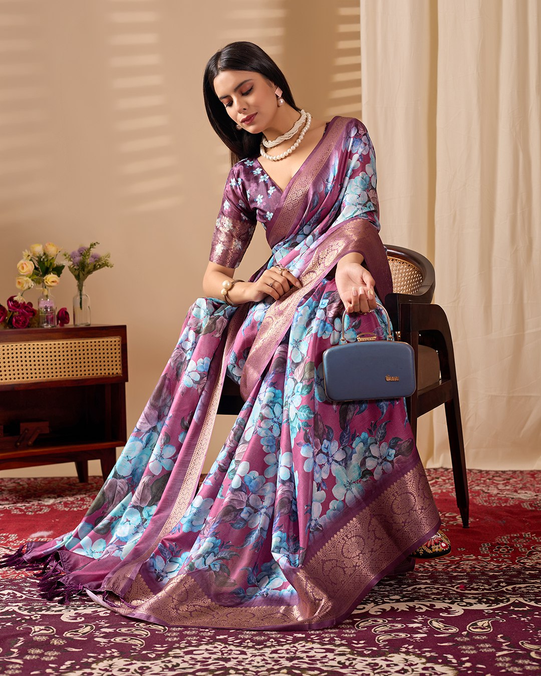 Grand Festive Saree: Lichi Silk with Vibrant Blue Floral Print and Rich Weave