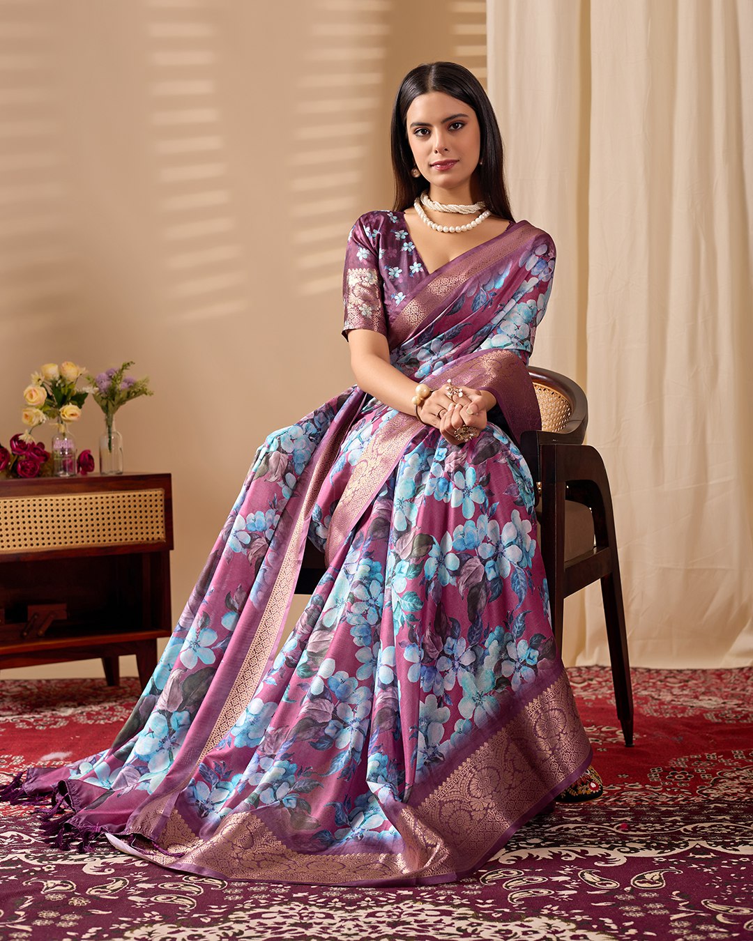 Grand Festive Saree: Lichi Silk with Vibrant Blue Floral Print and Rich Weave