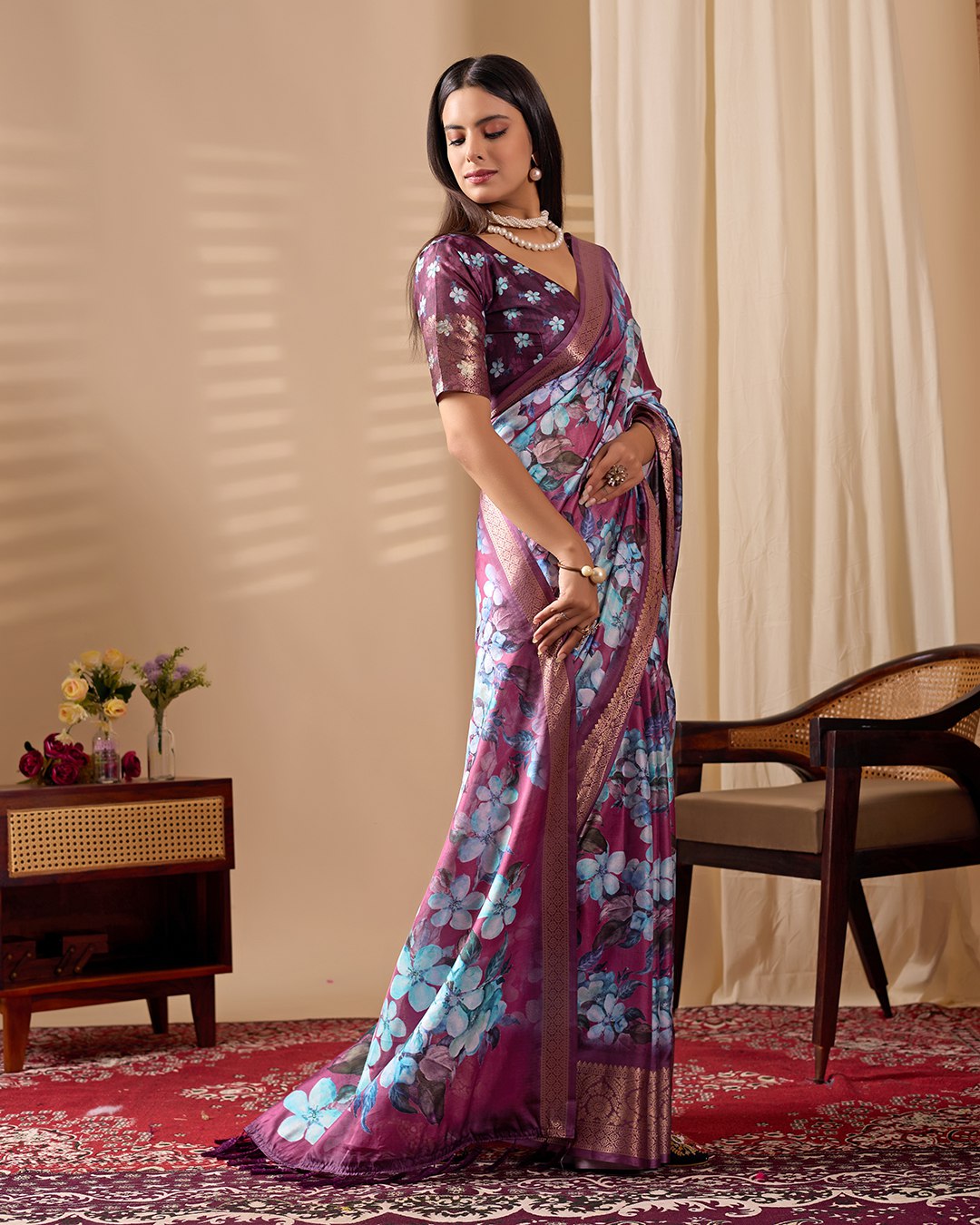 Grand Festive Saree: Lichi Silk with Vibrant Blue Floral Print and Rich Weave