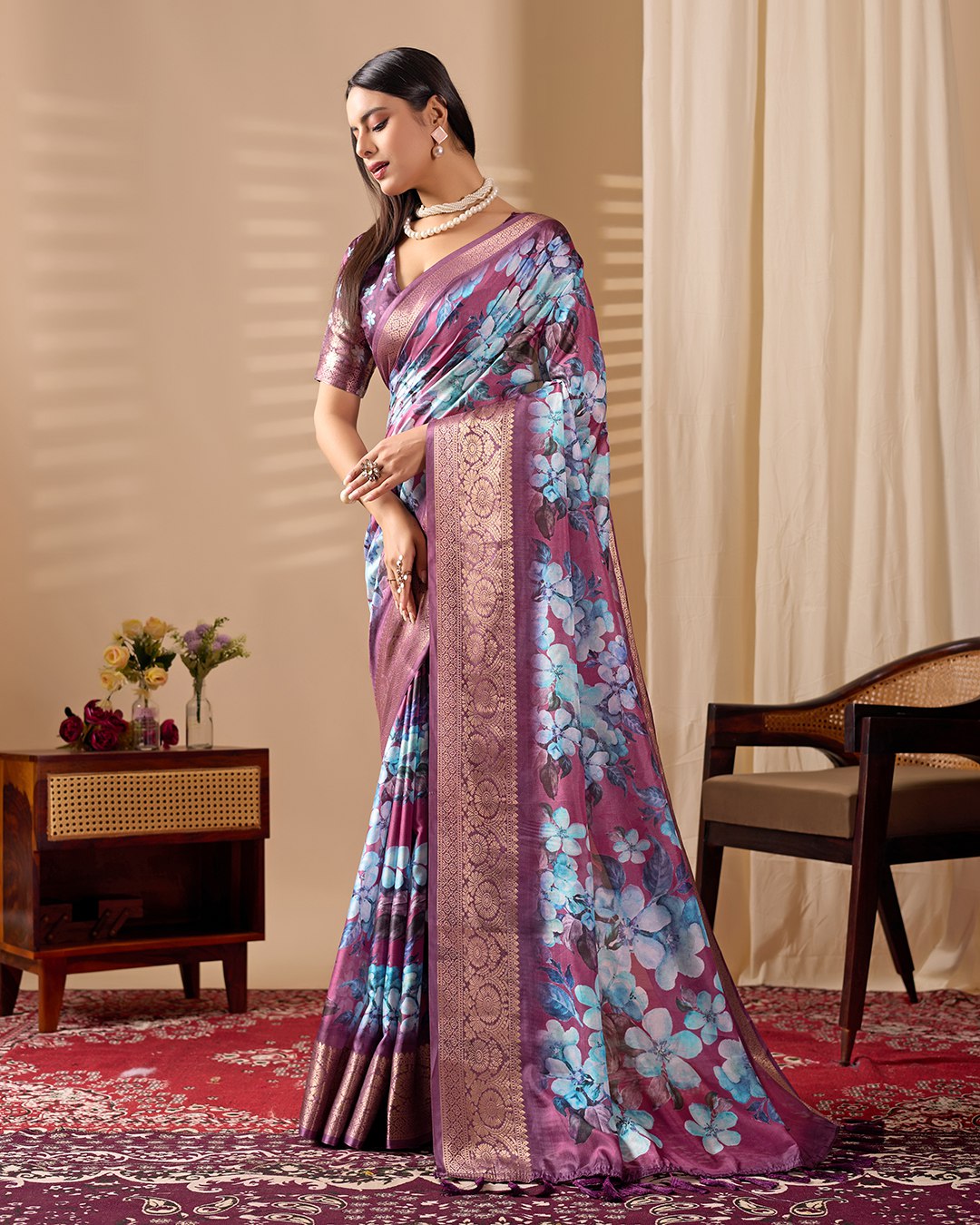 Grand Festive Saree: Lichi Silk with Vibrant Blue Floral Print and Rich Weave