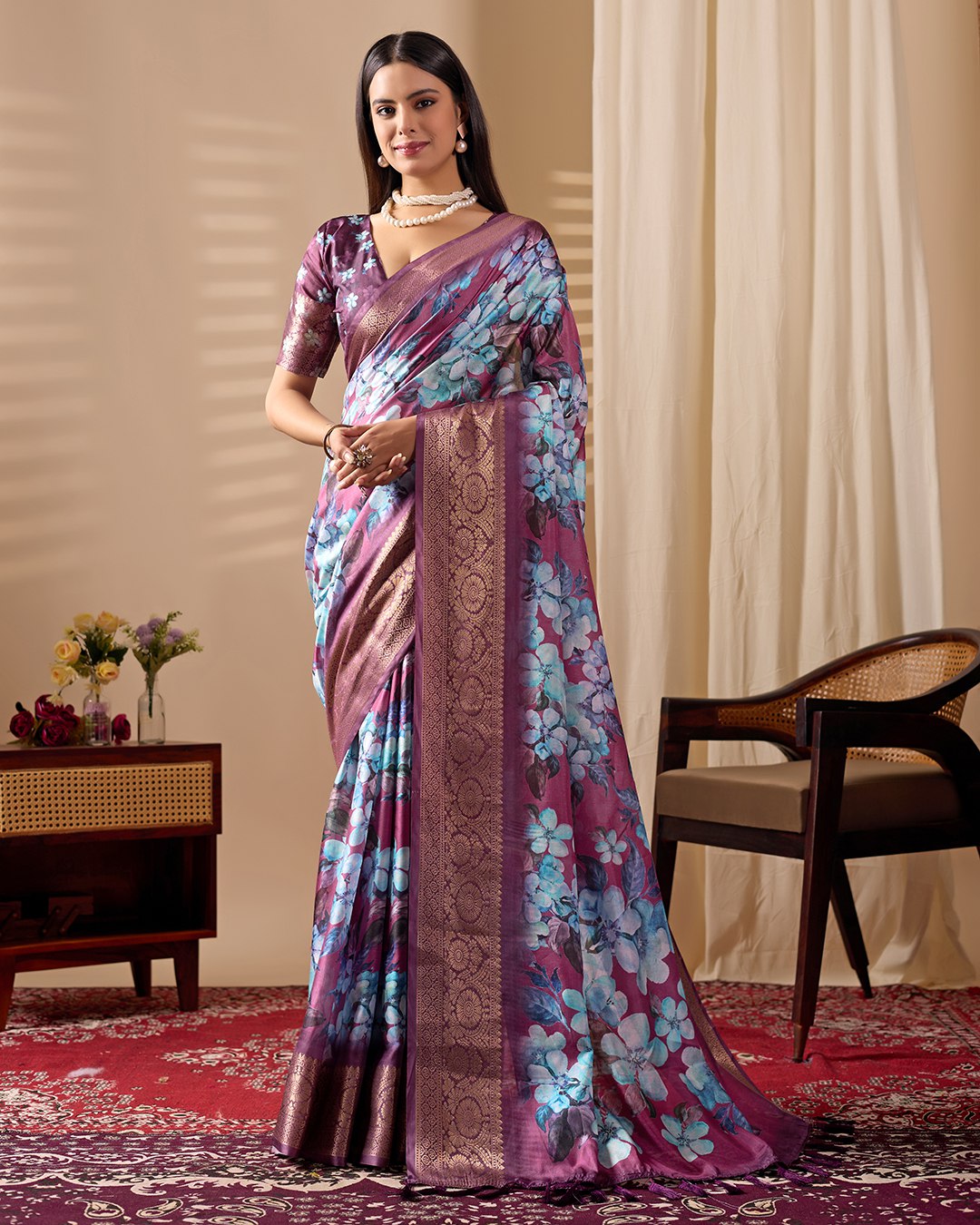 Grand Festive Saree: Lichi Silk with Vibrant Blue Floral Print and Rich Weave