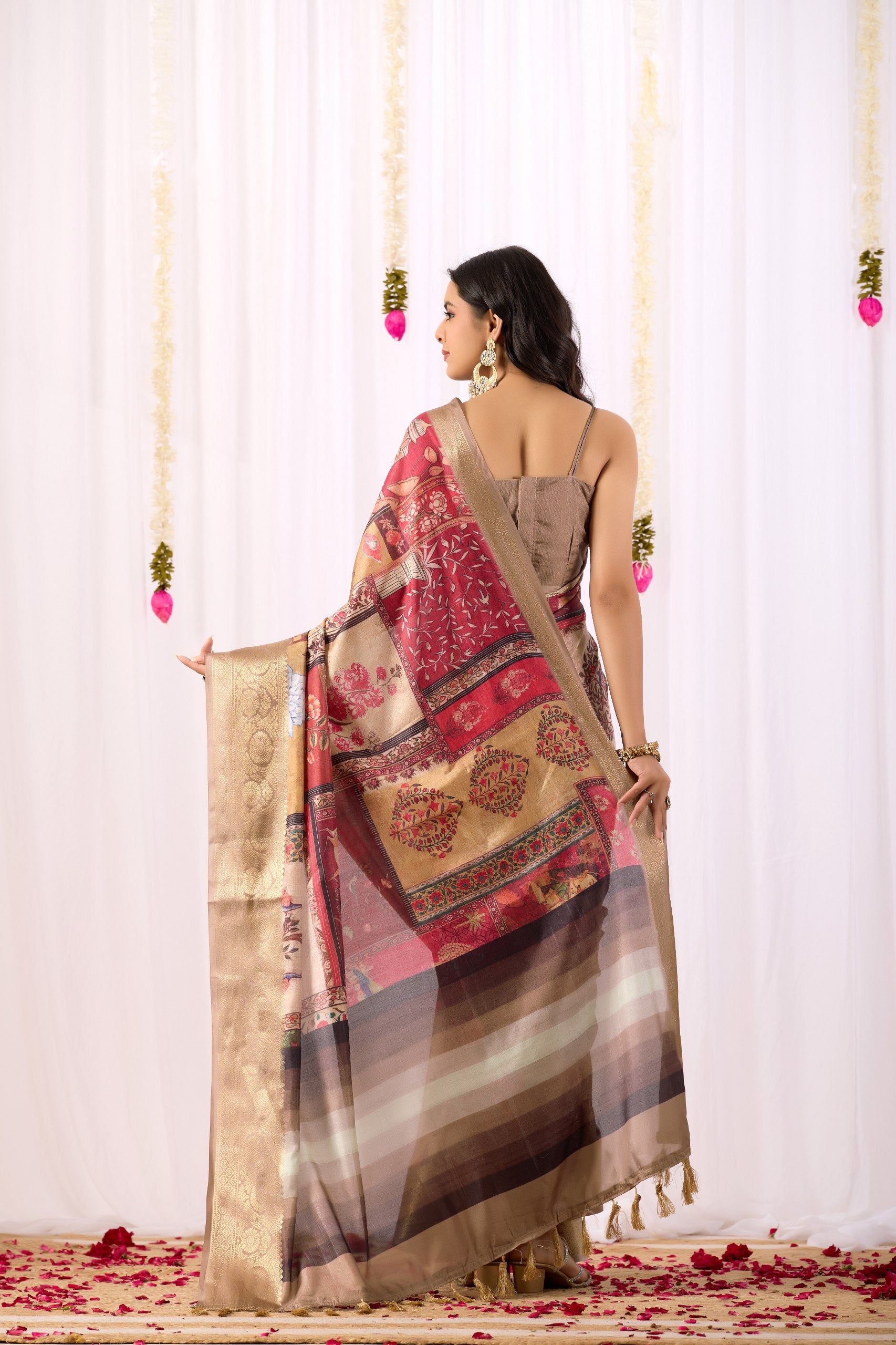 Luxurious Lichi Silk Saree with Elegant Tribal Art Print and Grand Zari Border