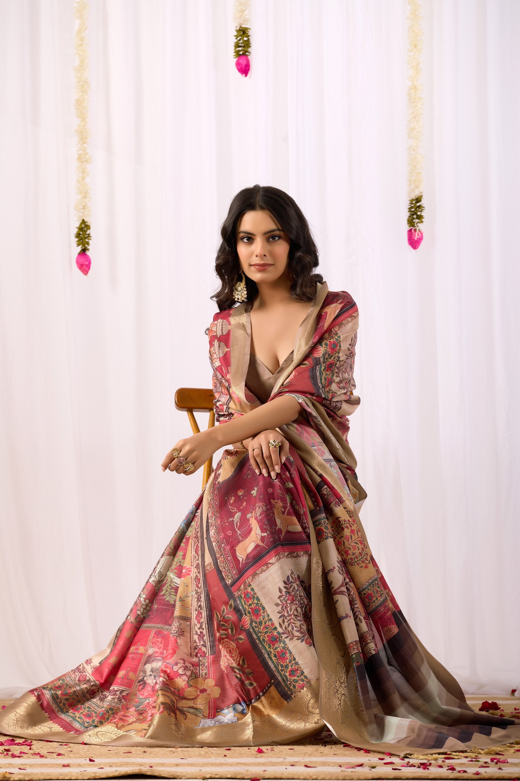 Luxurious Lichi Silk Saree with Elegant Tribal Art Print and Grand Zari Border