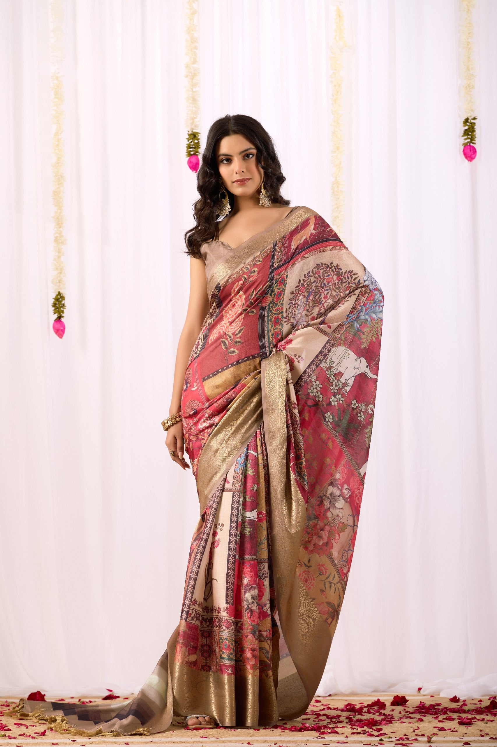 Luxurious Lichi Silk Saree with Elegant Tribal Art Print and Grand Zari Border