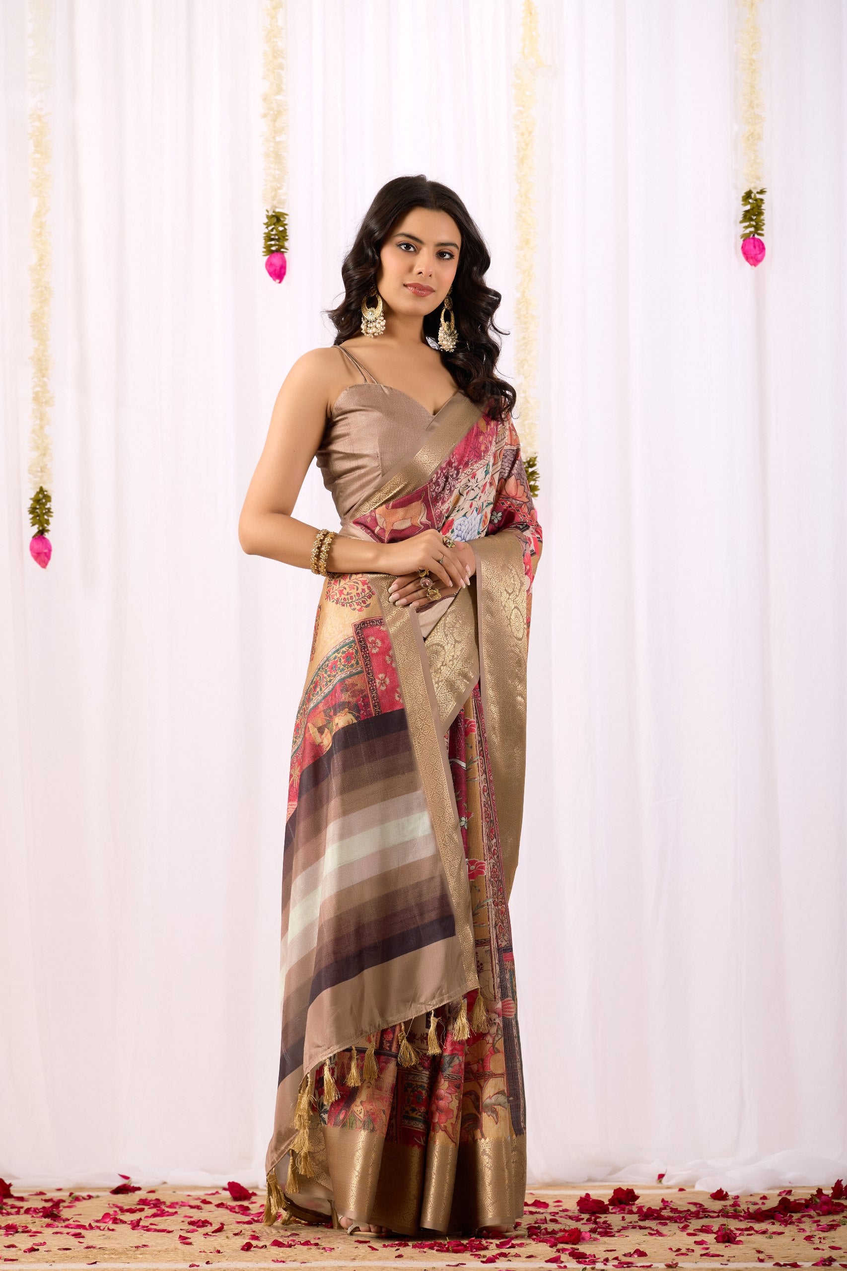 Luxurious Lichi Silk Saree with Elegant Tribal Art Print and Grand Zari Border