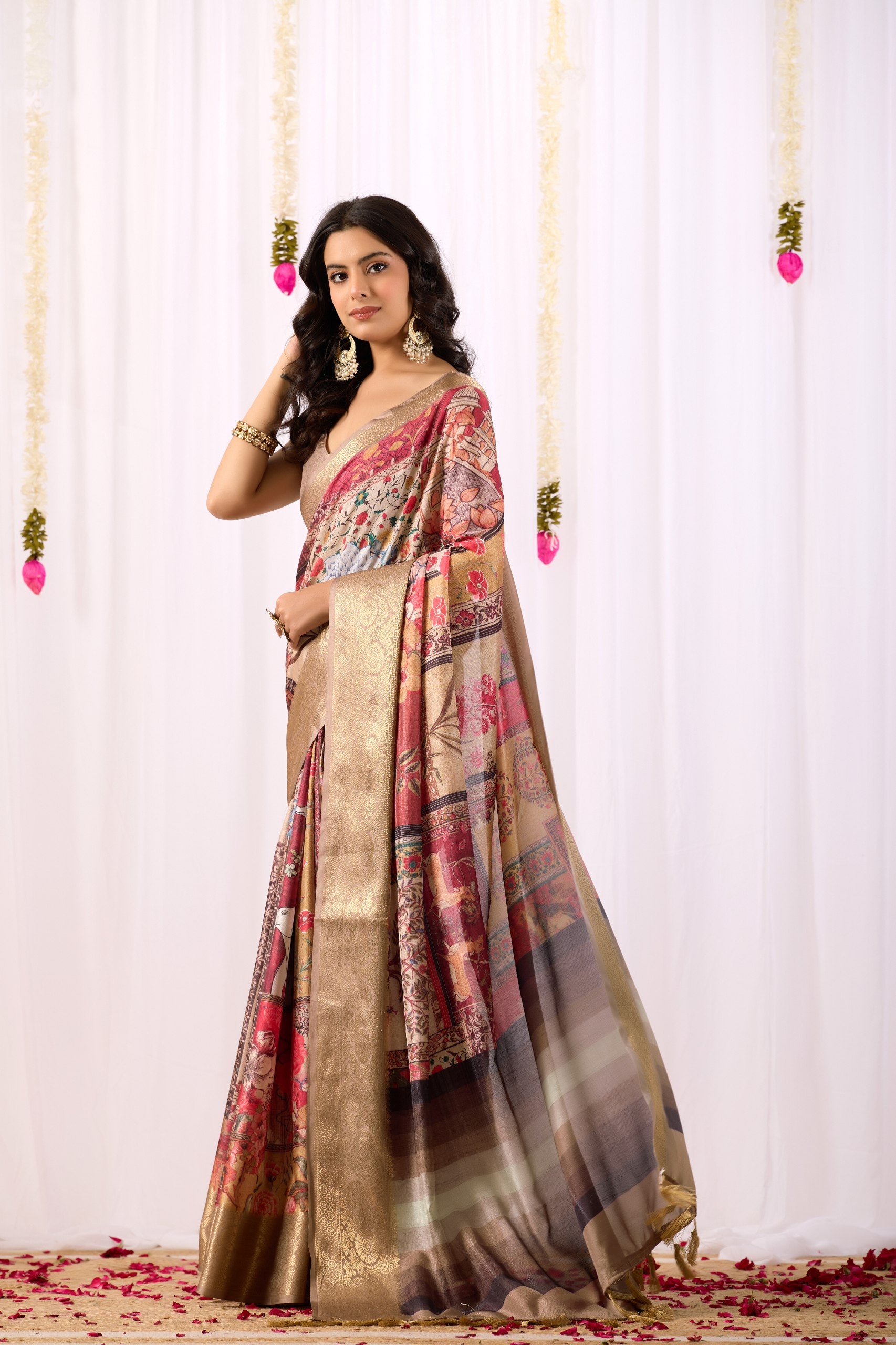 Luxurious Lichi Silk Saree with Elegant Tribal Art Print and Grand Zari Border