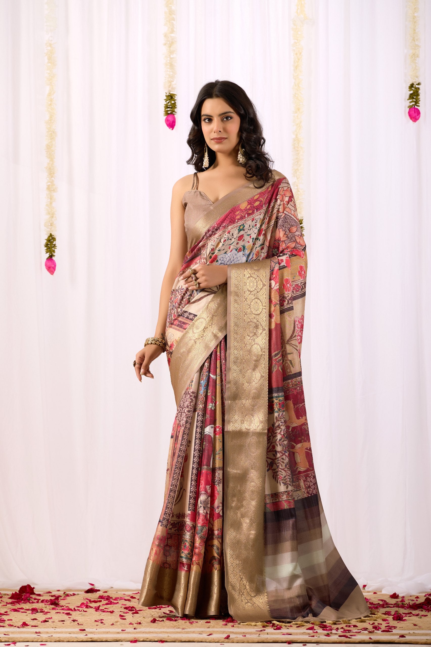 Luxurious Lichi Silk Saree with Elegant Tribal Art Print and Grand Zari Border