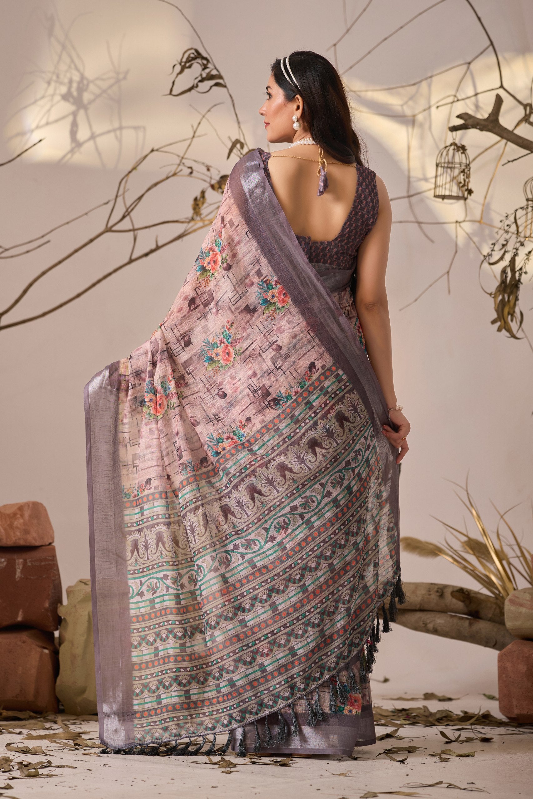 Premium Linen Cotton Saree with Digital Floral & Geometric Print and Patola Style Border