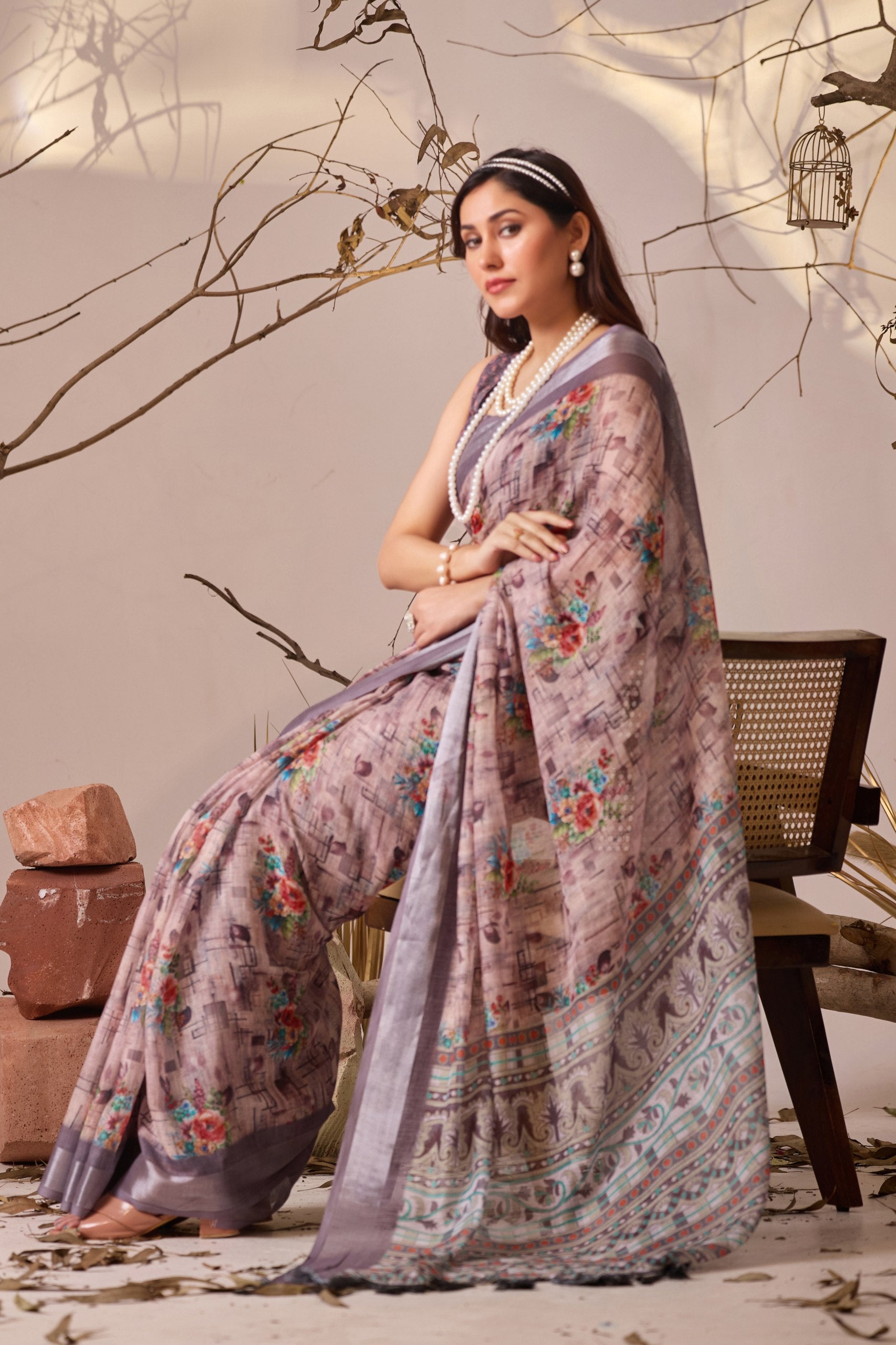 Premium Linen Cotton Saree with Digital Floral & Geometric Print and Patola Style Border