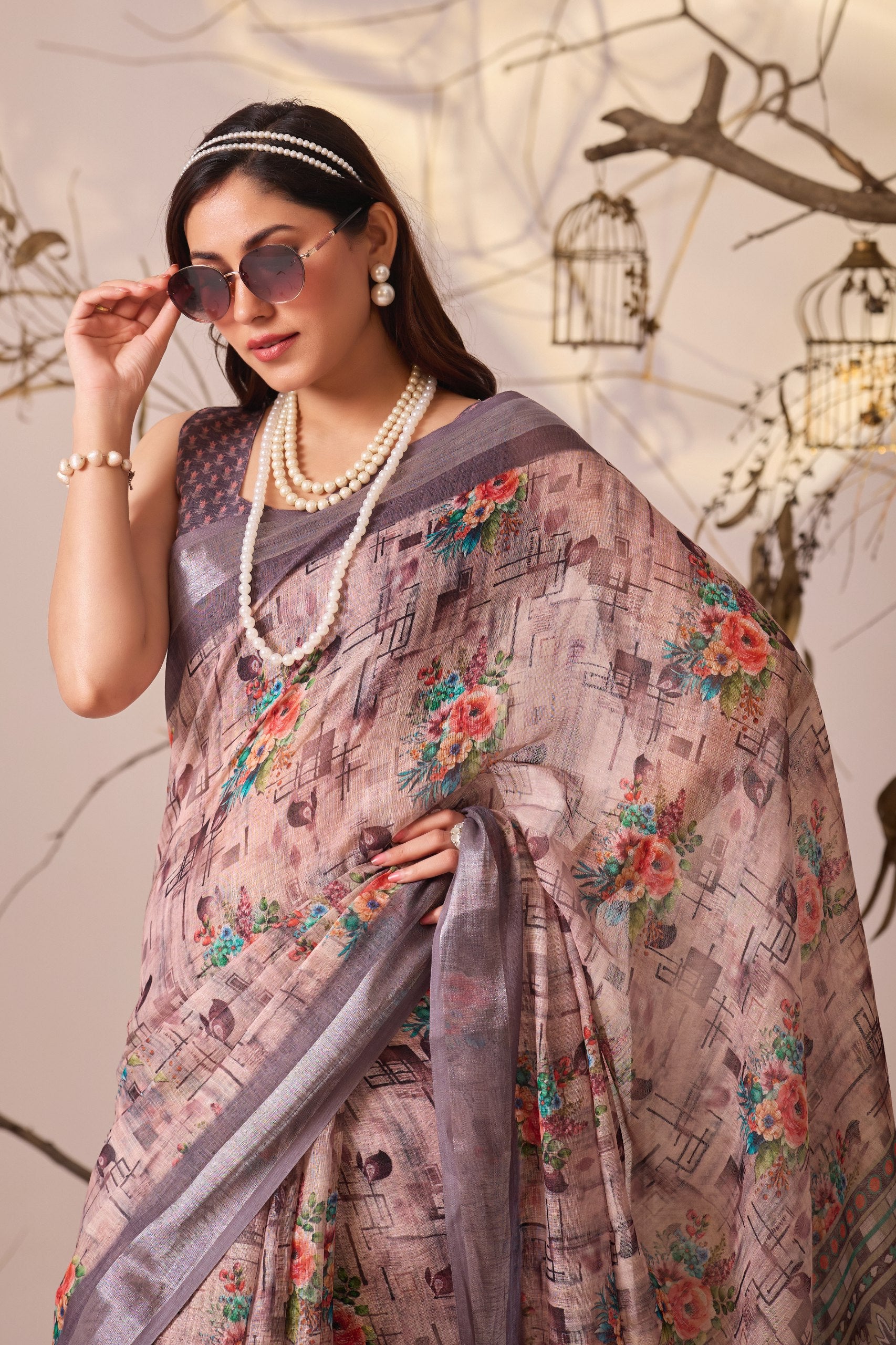 Premium Linen Cotton Saree with Digital Floral & Geometric Print and Patola Style Border