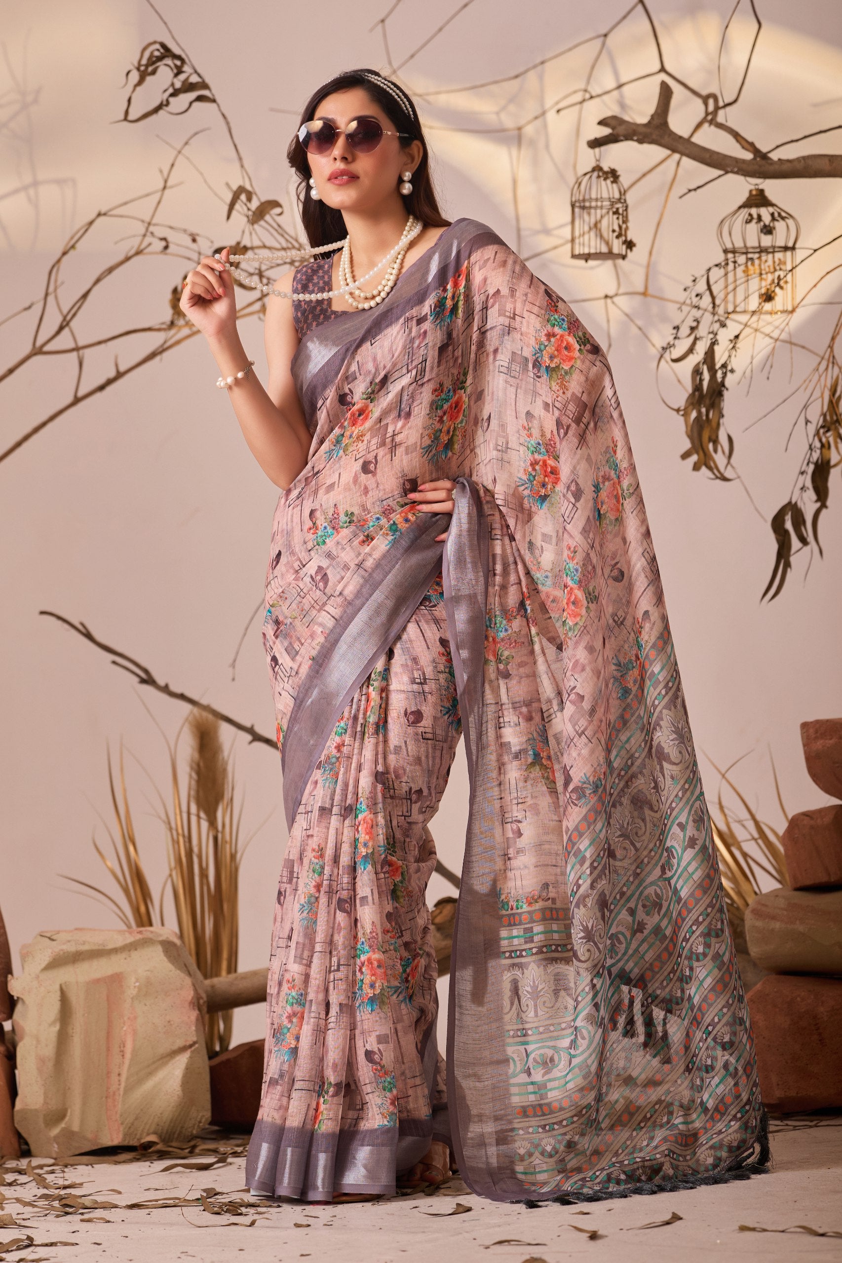 Premium Linen Cotton Saree with Digital Floral & Geometric Print and Patola Style Border