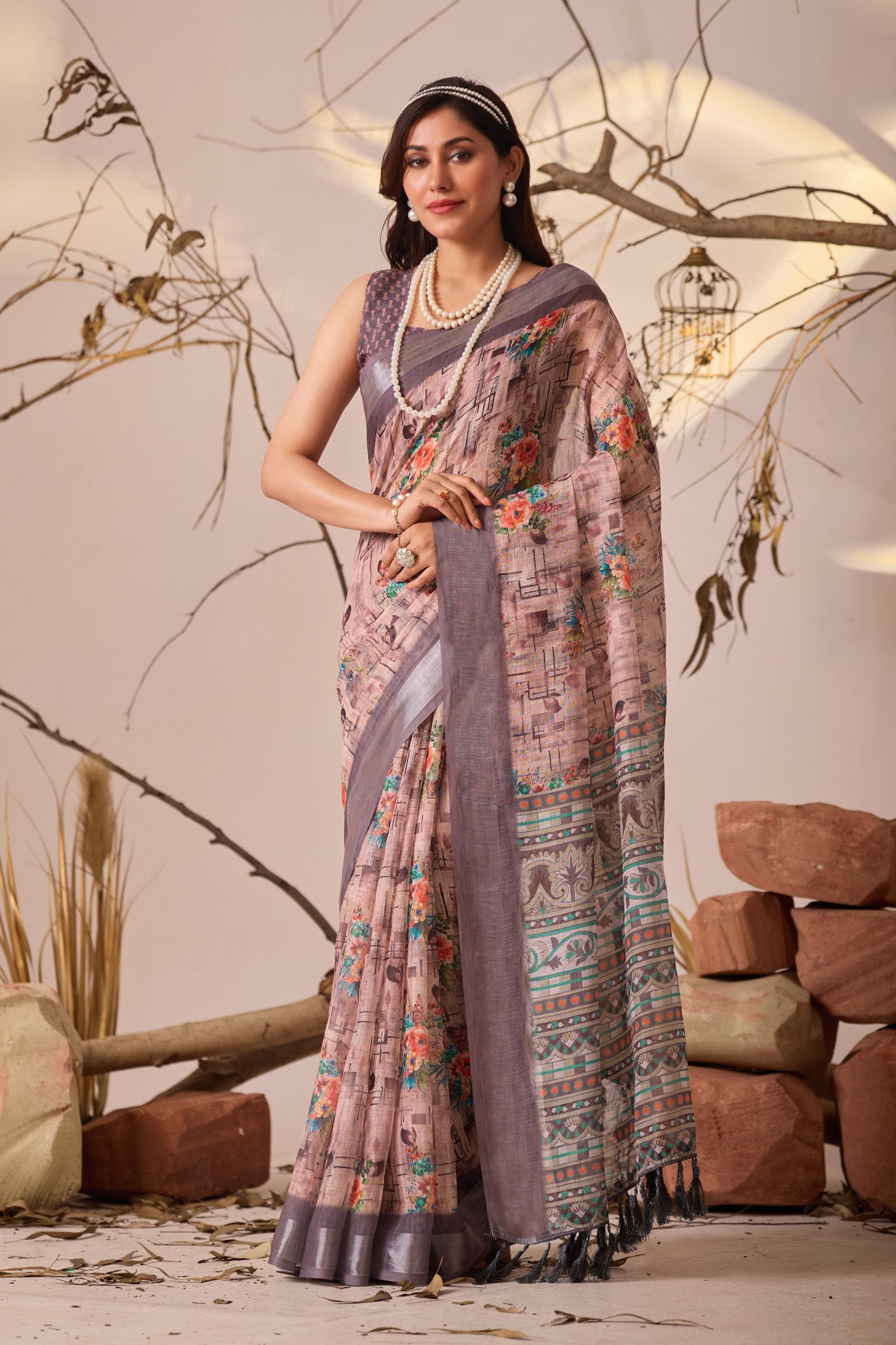Premium Linen Cotton Saree with Digital Floral & Geometric Print and Patola Style Border