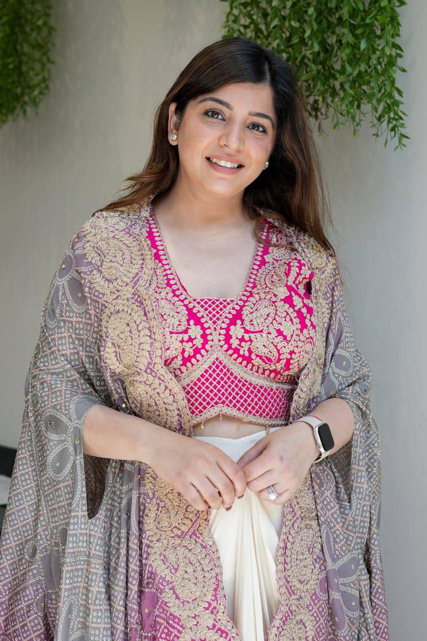 Banglory Silk Blouse & Chinon Shrug with Bandhani Print