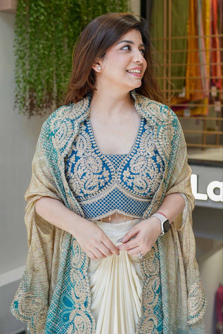 Banglory Silk Blouse & Chinon Shrug with Bandhani Print