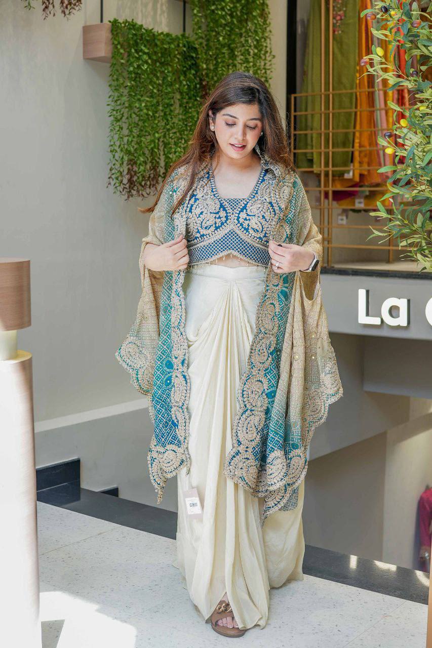 Banglory Silk Blouse & Chinon Shrug with Bandhani Print