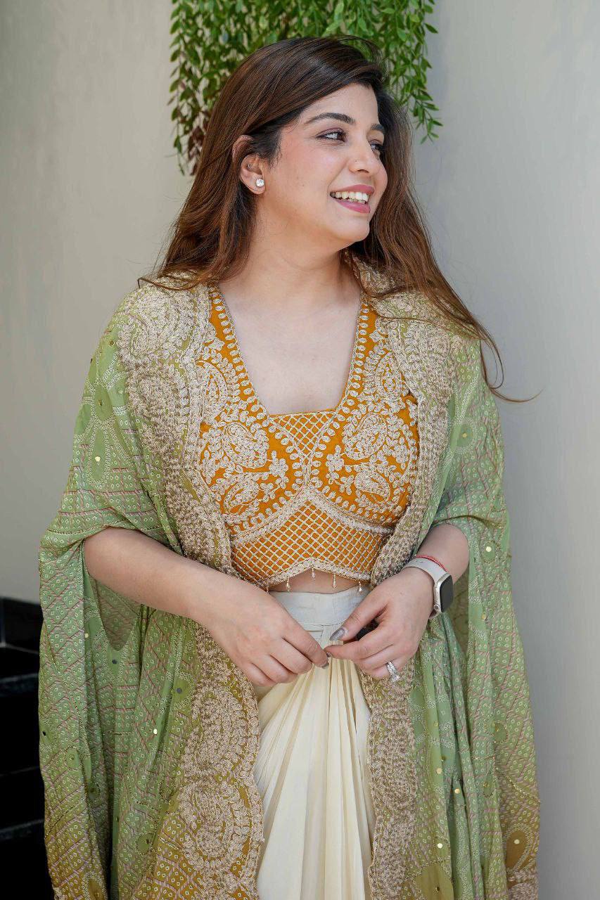 Banglory Silk Blouse & Chinon Shrug with Bandhani Print