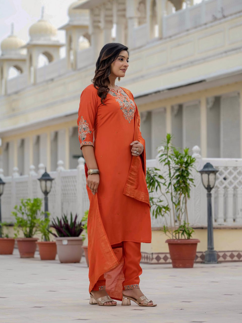 Premium Roman Silk Kurta Set with Heavy Sequin Embroidery & Jacquard Dupatta