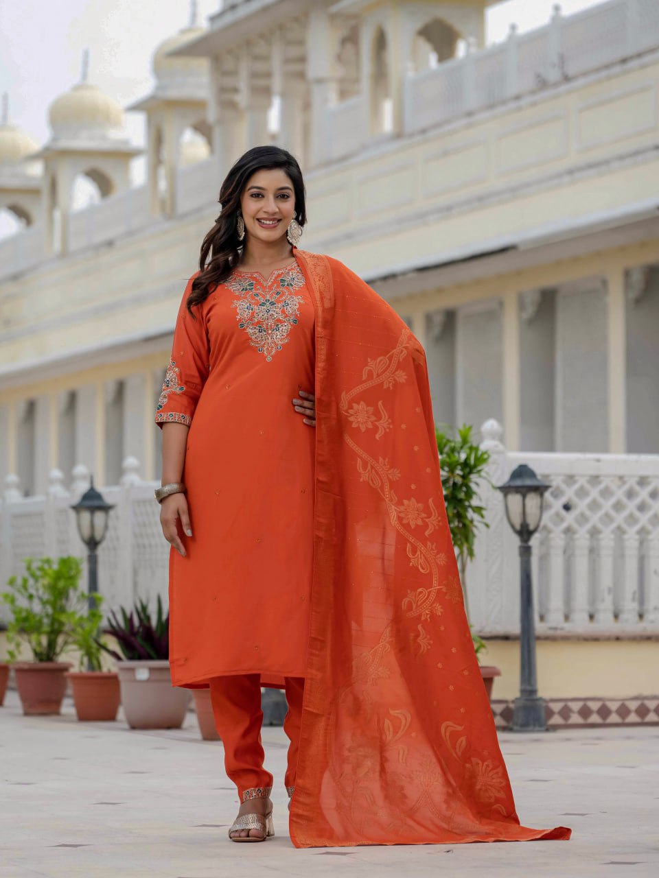 Premium Roman Silk Kurta Set with Heavy Sequin Embroidery & Jacquard Dupatta