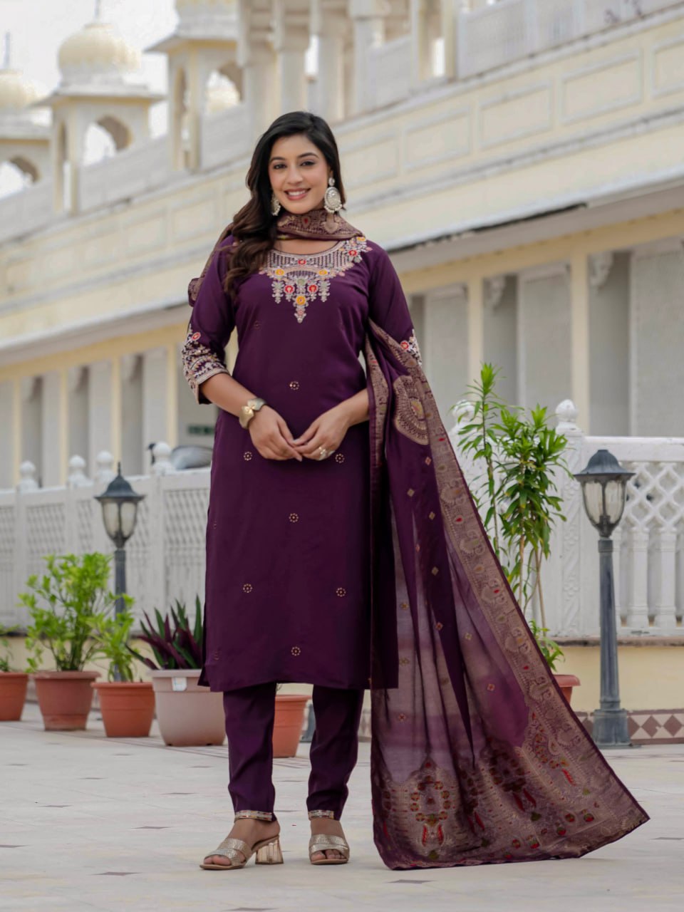 Roman Silk Kurta Set with Multicolor Embroidery & Meena Work Dupatta