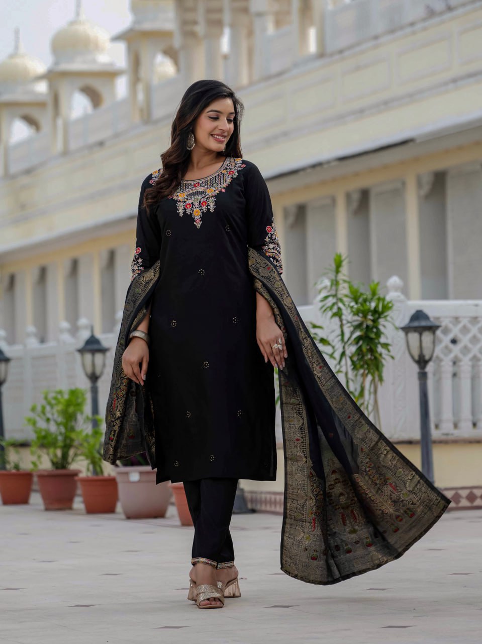 Roman Silk Kurta Set with Multicolor Embroidery & Meena Work Dupatta