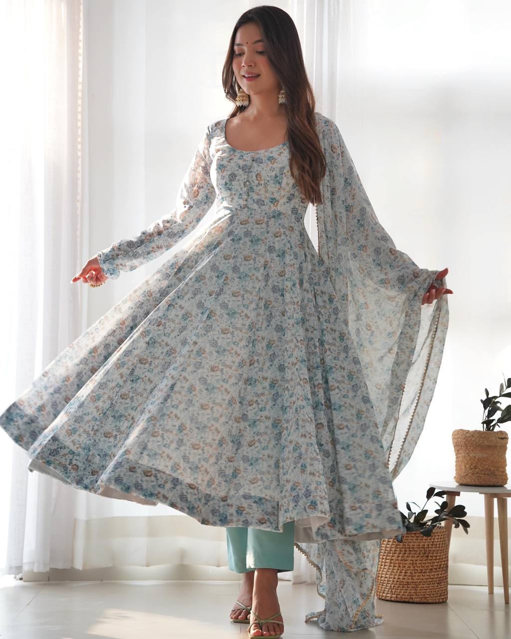 Floral Chiffon Full Flair Anarkali Set with Dupatta & Pant