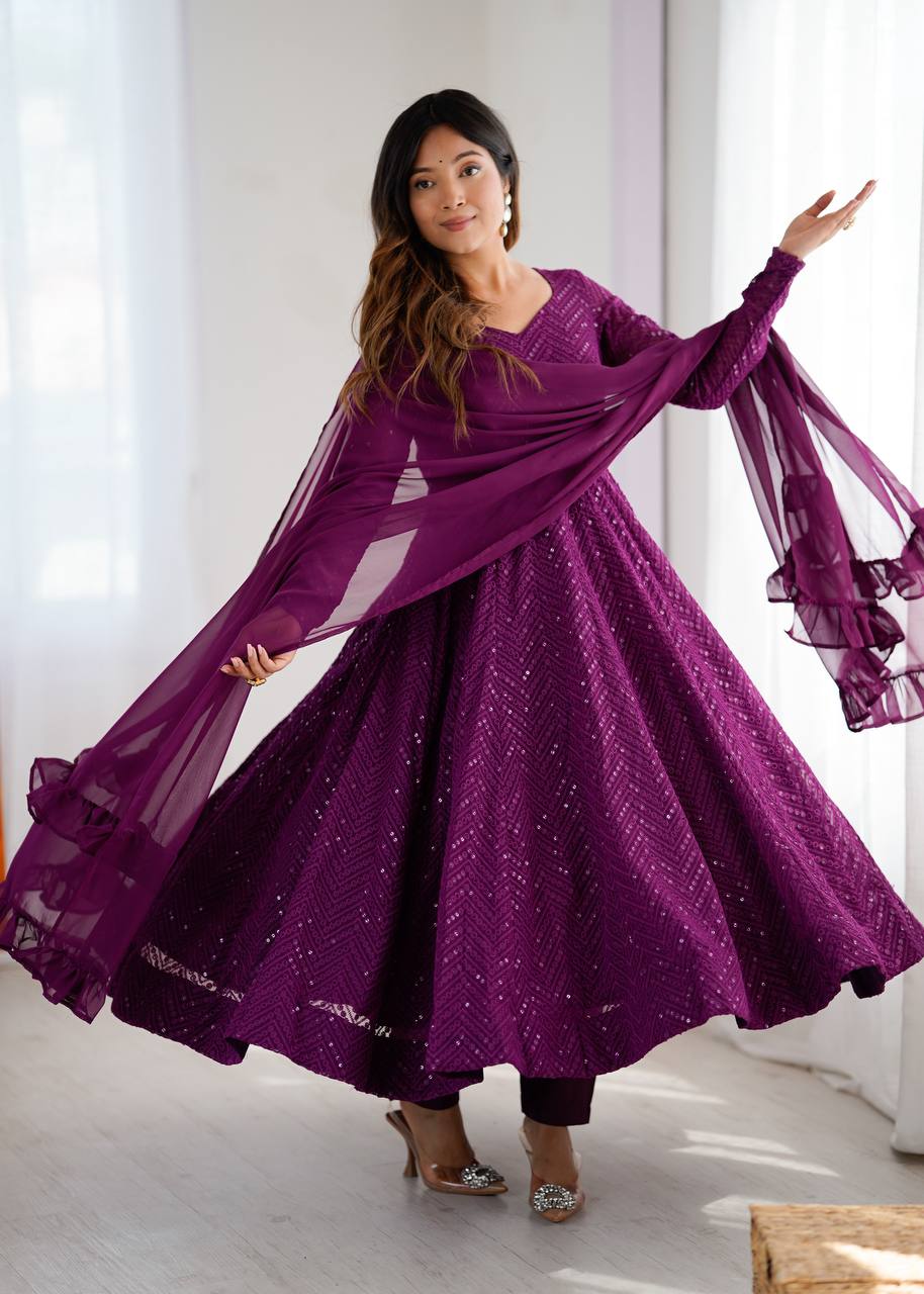 Heavy Fox Georgette Lucknowi Sequence Anarkali Set with Ruffle Dupatta & Pant