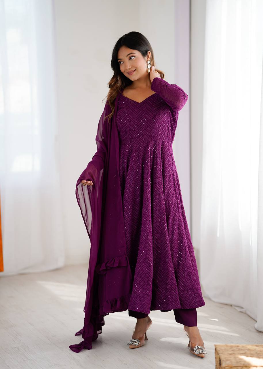 Heavy Fox Georgette Lucknowi Sequence Anarkali Set with Ruffle Dupatta & Pant