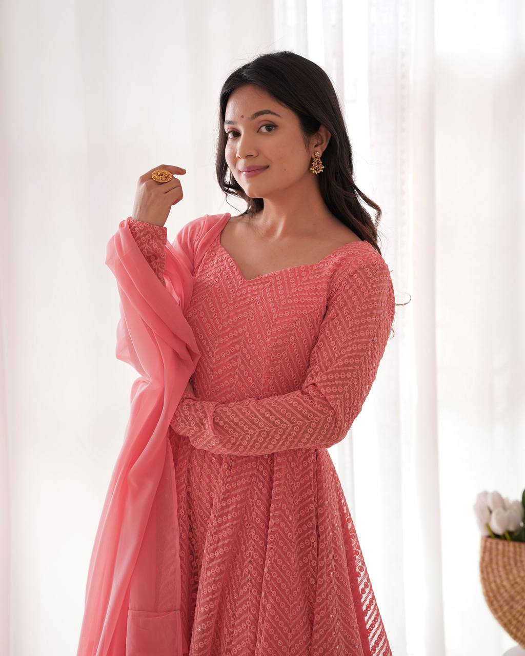 Heavy Fox Georgette Lucknowi Sequence Anarkali Set with Ruffle Dupatta & Pant