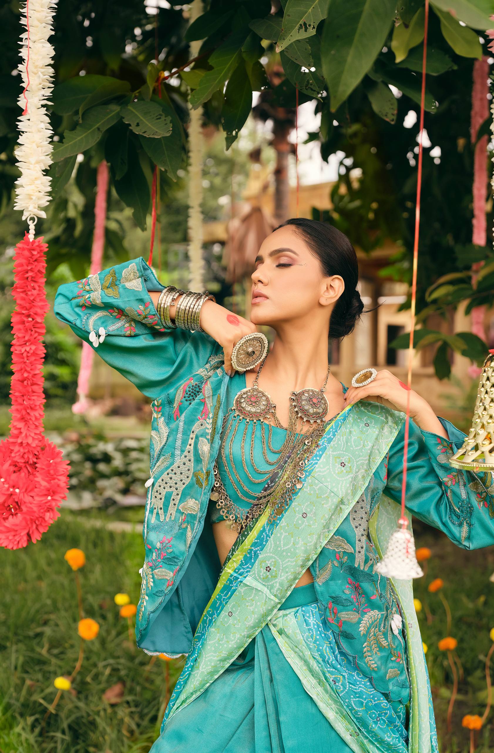 Premium Shimmer Bandhani Lehenga-Saree with Fully Embroidered Koti & Stitched Blouse