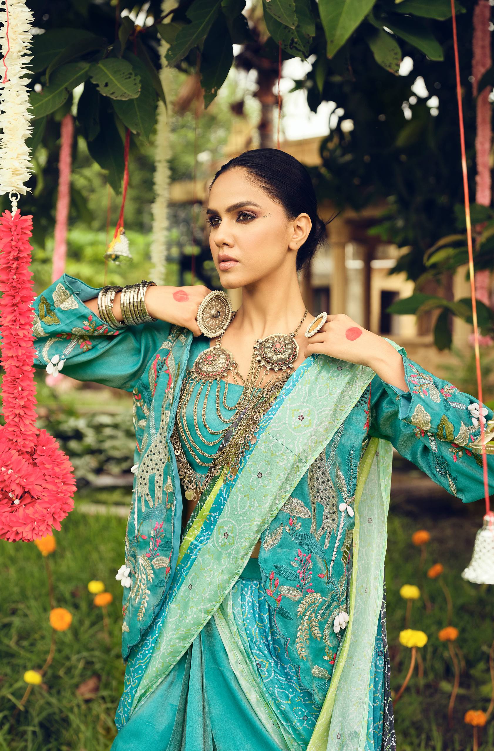 Premium Shimmer Bandhani Lehenga-Saree with Fully Embroidered Koti & Stitched Blouse