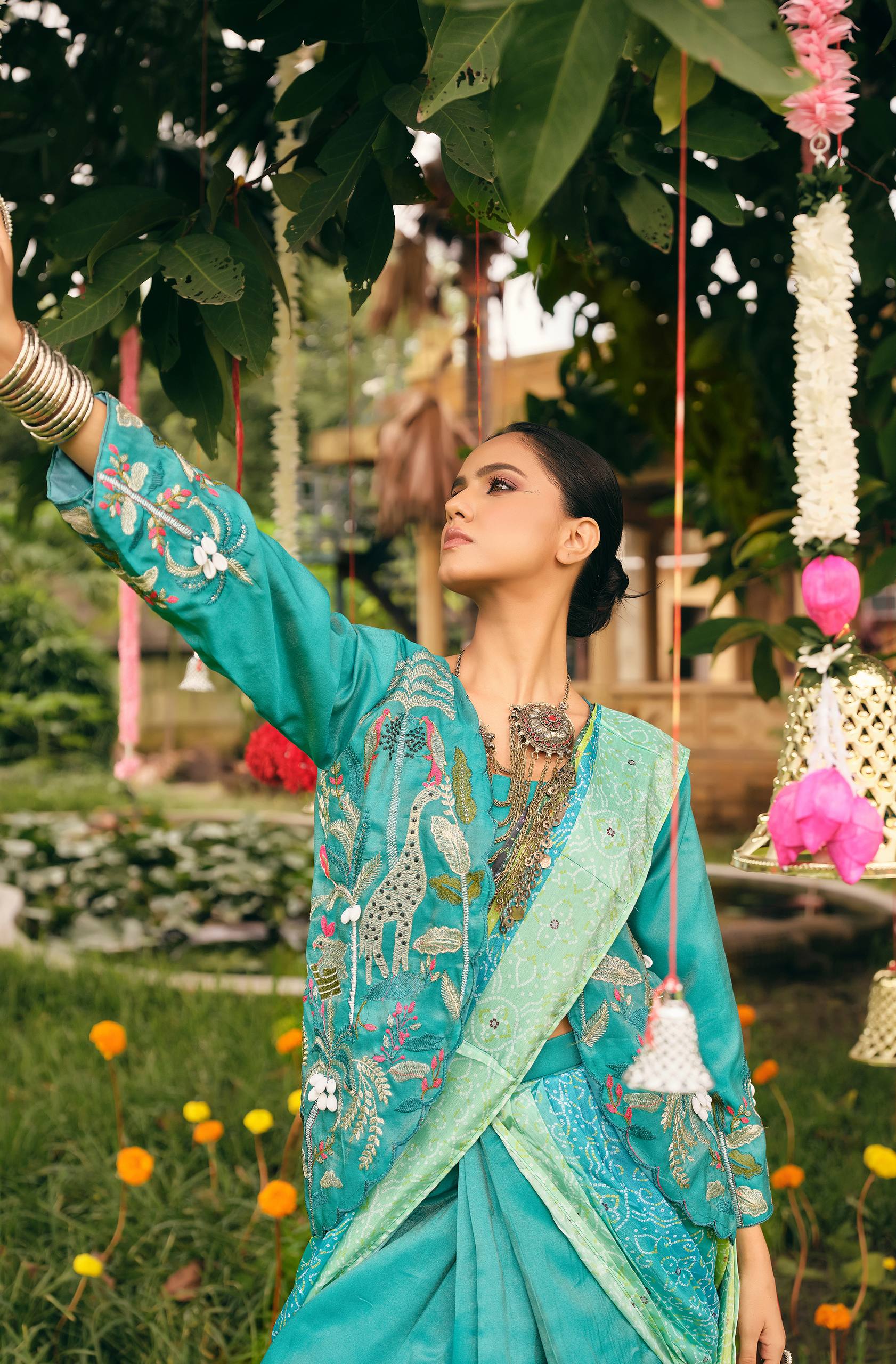 Premium Shimmer Bandhani Lehenga-Saree with Fully Embroidered Koti & Stitched Blouse