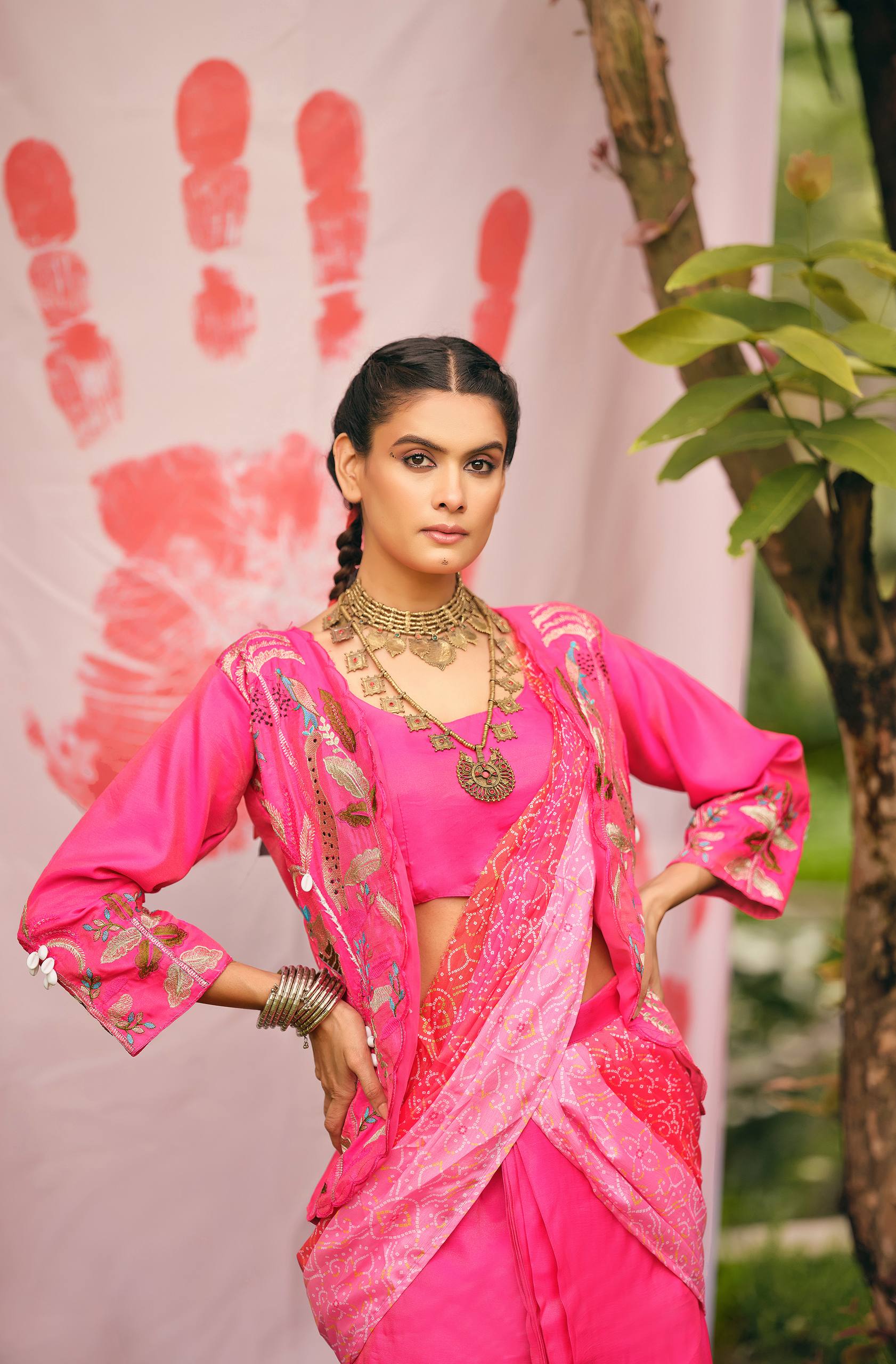 Premium Shimmer Bandhani Lehenga-Saree with Fully Embroidered Koti & Stitched Blouse