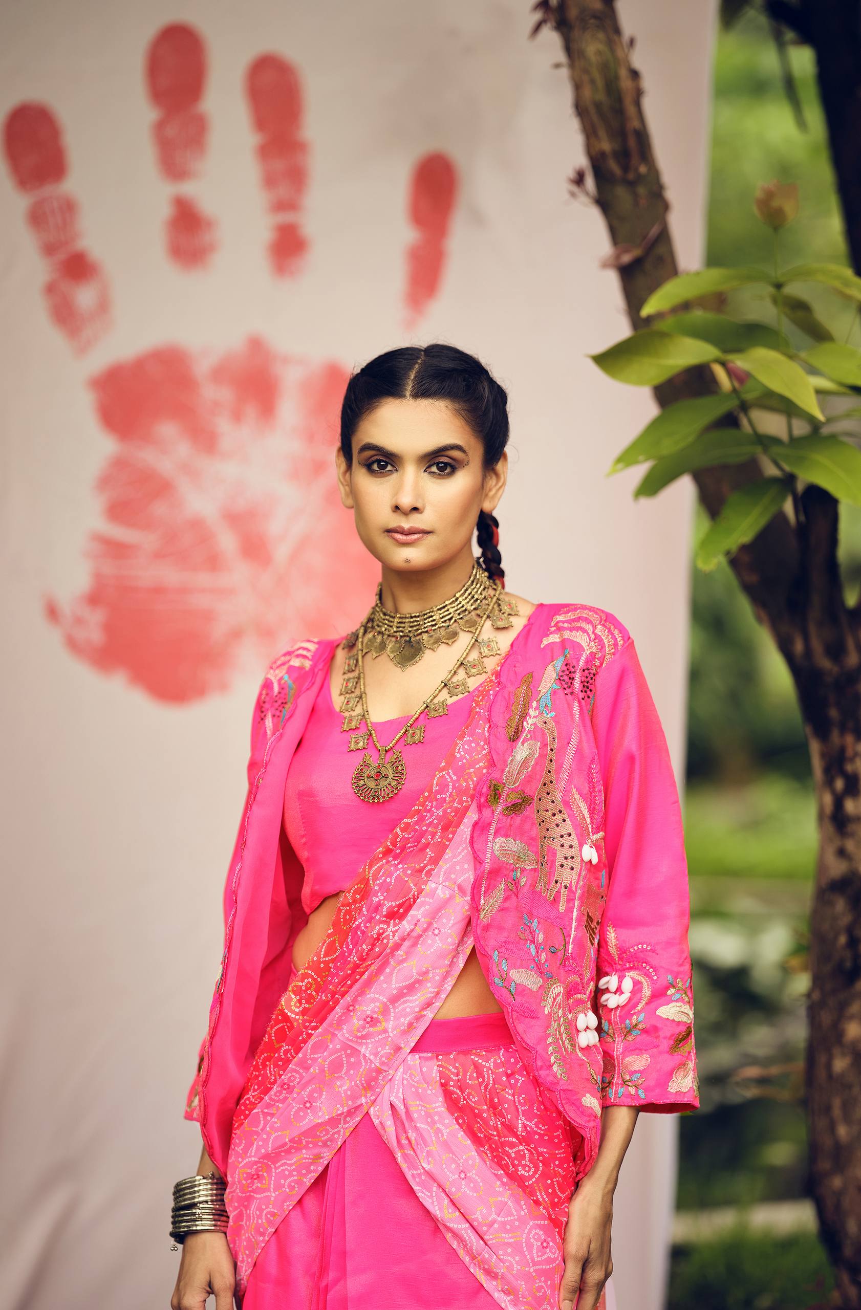 Premium Shimmer Bandhani Lehenga-Saree with Fully Embroidered Koti & Stitched Blouse