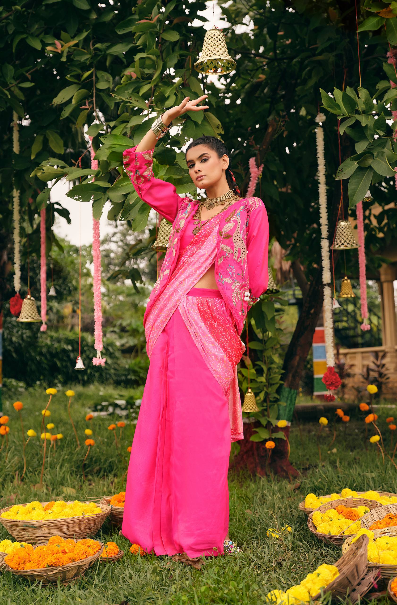 Premium Shimmer Bandhani Lehenga-Saree with Fully Embroidered Koti & Stitched Blouse