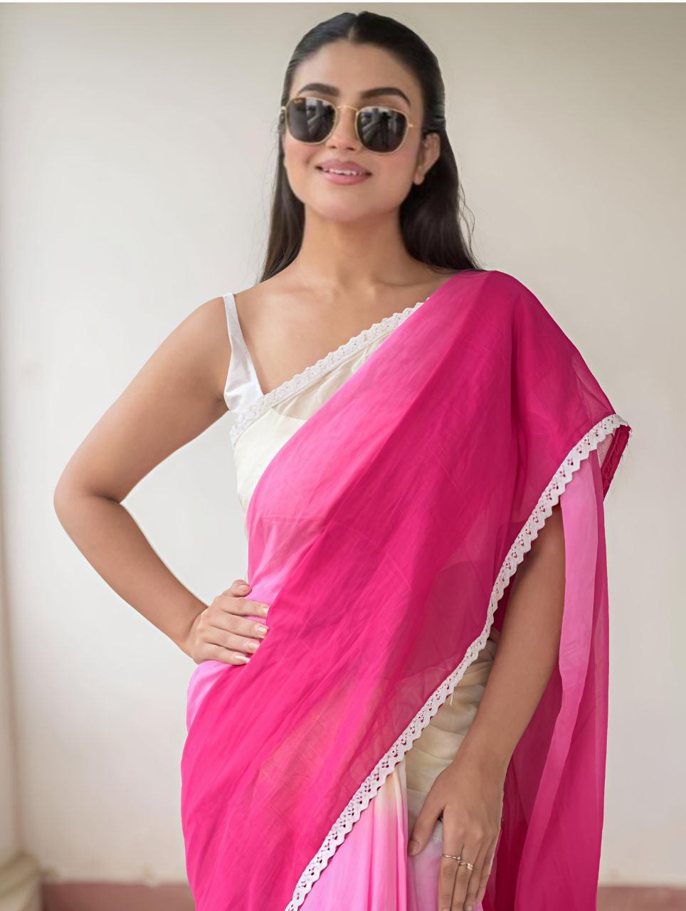 Dual-Tone Pink & Cream Plain Linen Saree with Digital Print & Lace Border