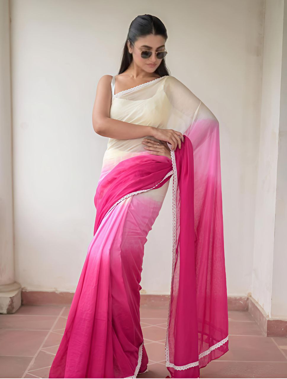 Dual-Tone Pink & Cream Plain Linen Saree with Digital Print & Lace Border