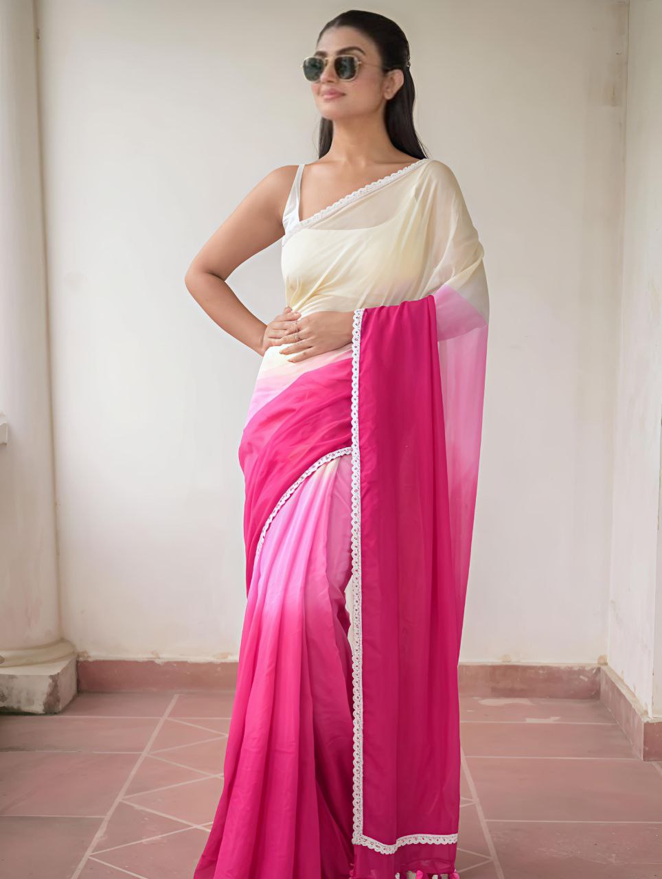 Dual-Tone Pink & Cream Plain Linen Saree with Digital Print & Lace Border