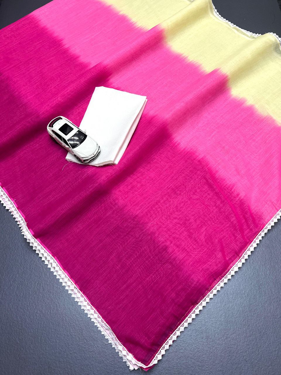 Dual-Tone Pink & Cream Plain Linen Saree with Digital Print & Lace Border