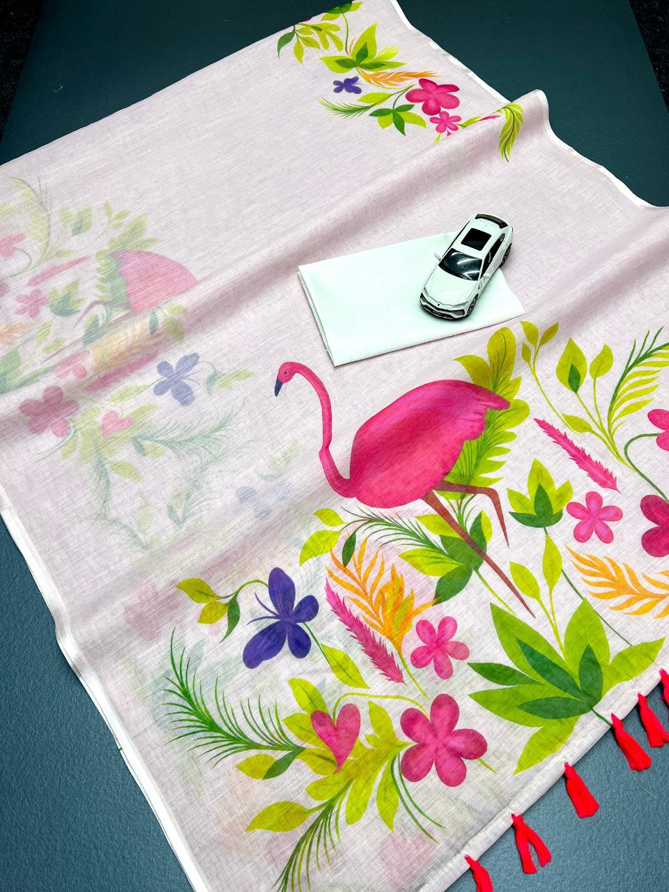 Soft Pink Linen Saree with Colorful Floral Digital Print & Satin Blouse